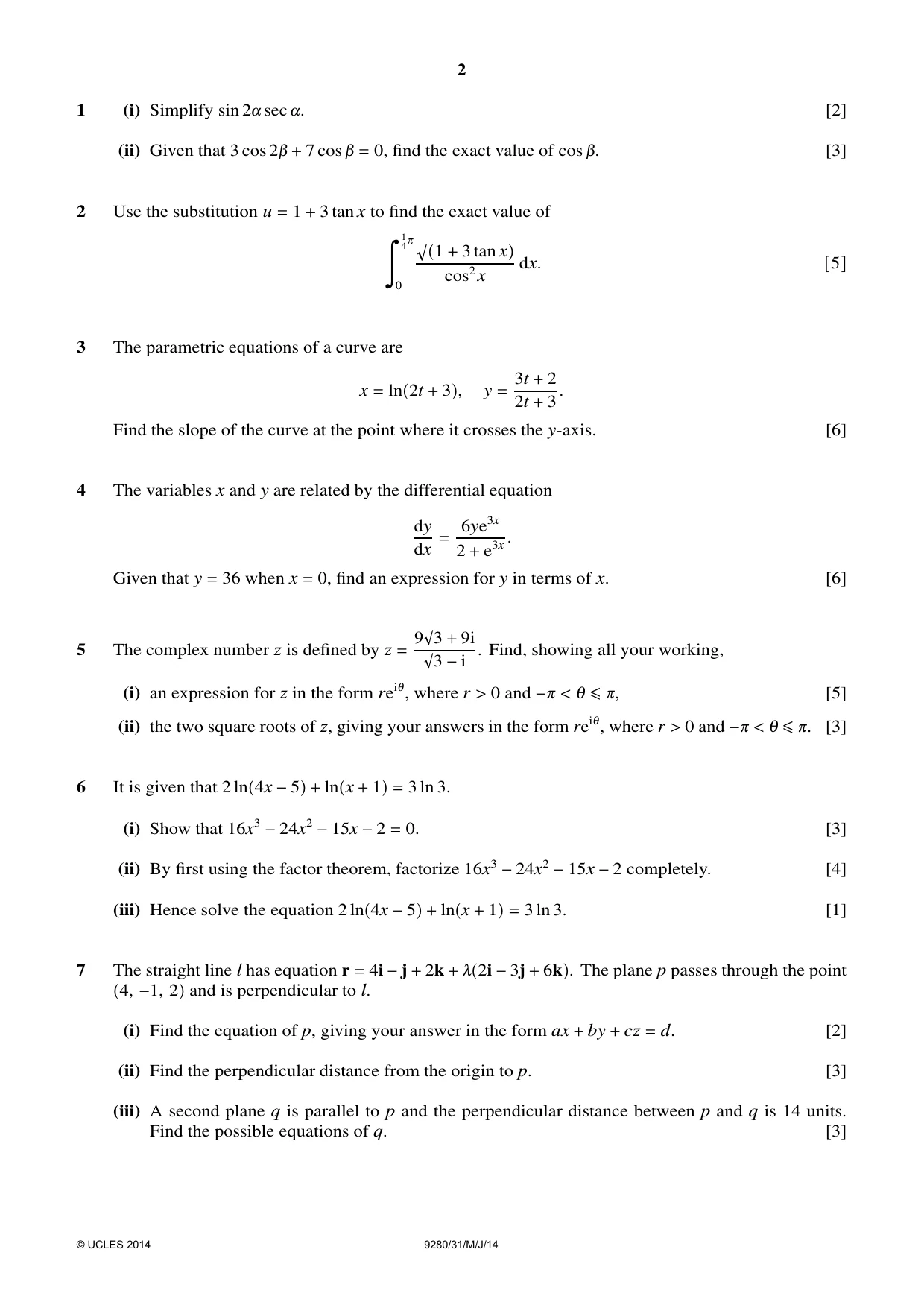 Cambridge A Level Mathematics (US) 9280 2014 May/June Paper 3 · Variant 1 question paper, page 2 of 4