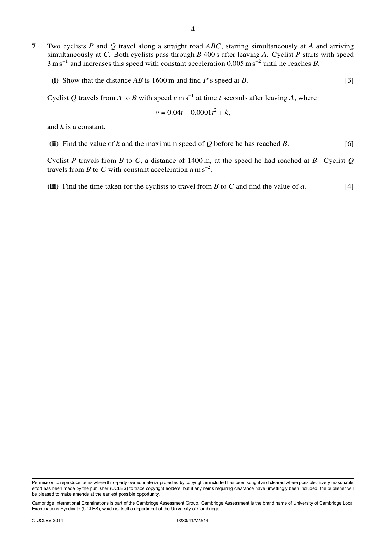 Cambridge A Level Mathematics (US) 9280 2014 May/June Paper 4 · Variant 1 question paper, page 4 of 4