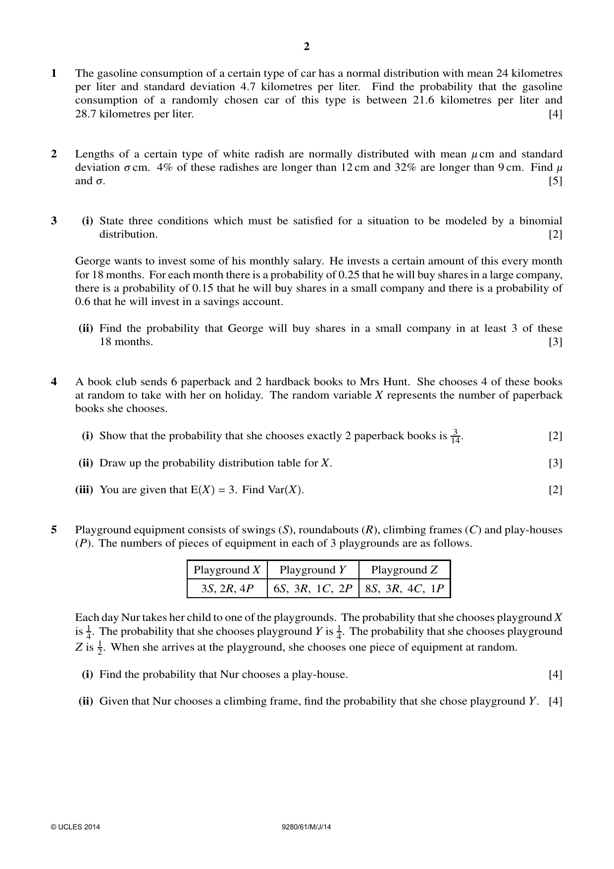 Cambridge A Level Mathematics (US) 9280 2014 May/June Paper 6 · Variant 1 question paper, page 2 of 4