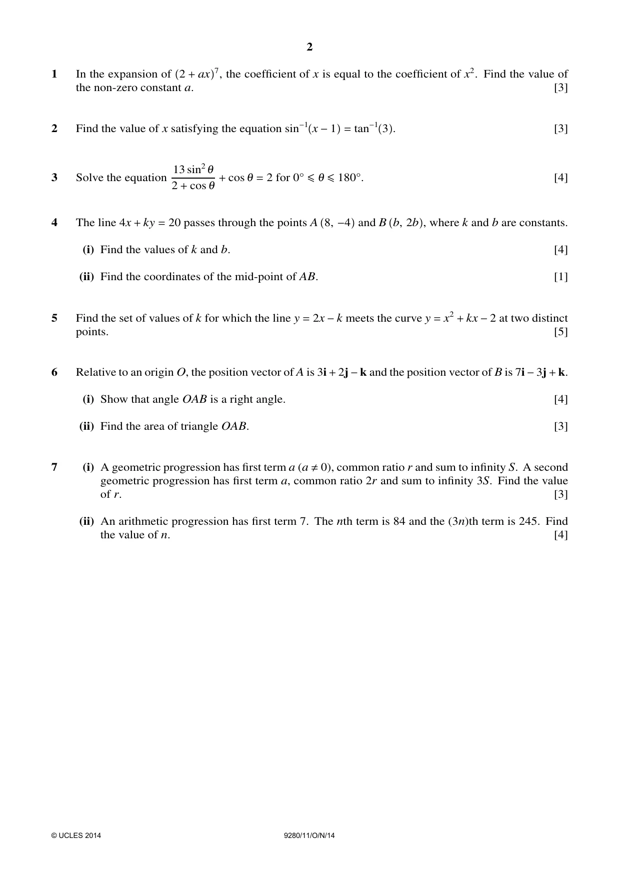 Cambridge A Level Mathematics (US) 9280 2014 Oct/Nov Paper 1 · Variant 1 question paper, page 2 of 4