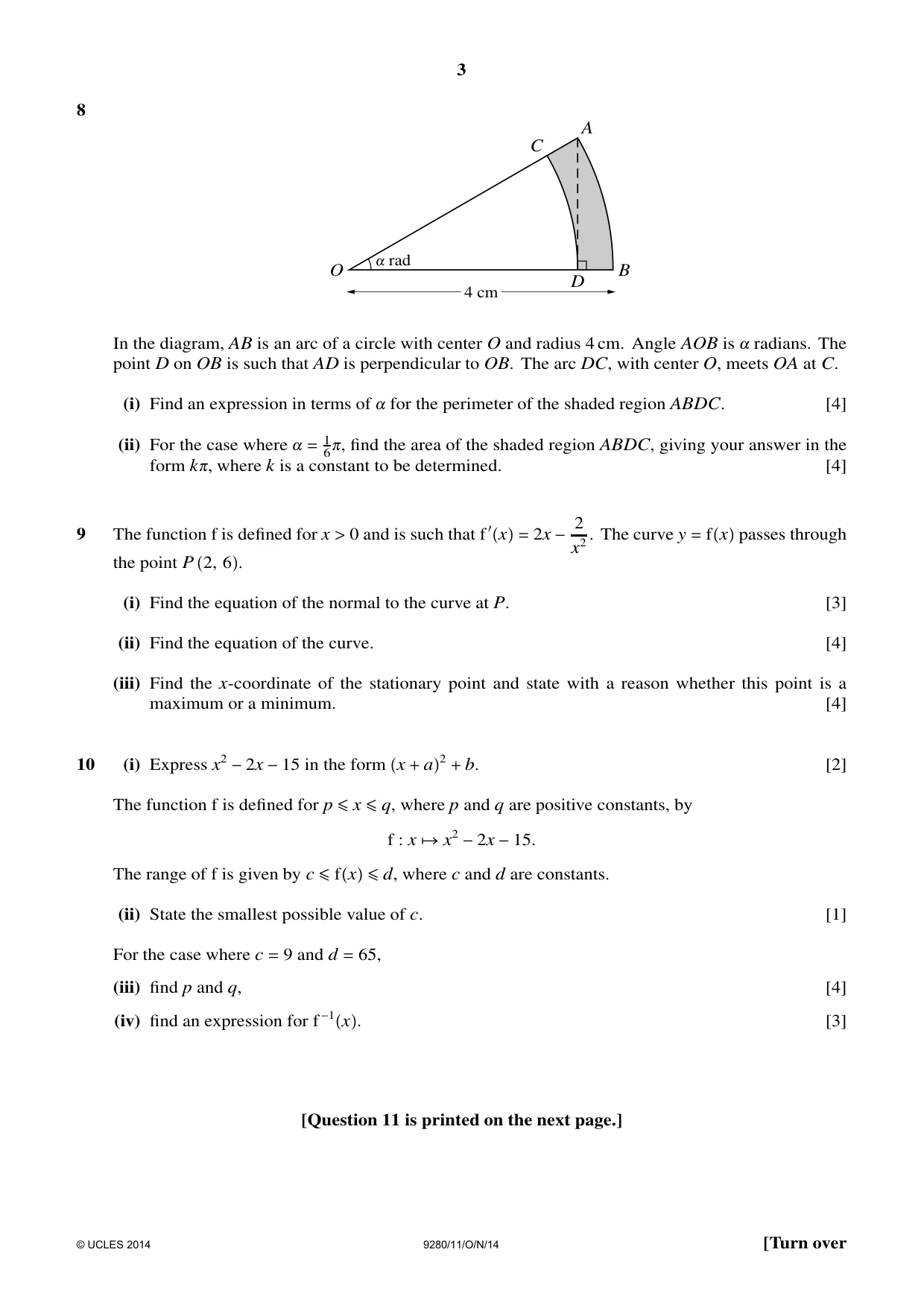 Cambridge A Level Mathematics (US) 9280 2014 Oct/Nov Paper 1 · Variant 1 question paper, page 3 of 4