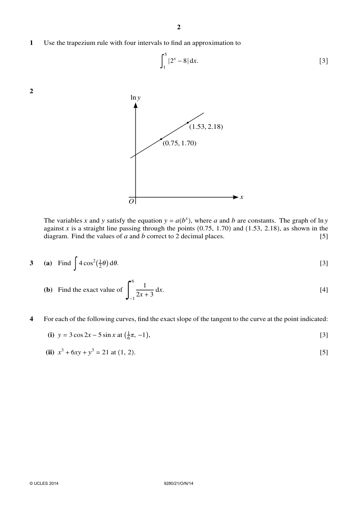 Cambridge A Level Mathematics (US) 9280 2014 Oct/Nov Paper 2 · Variant 1 question paper, page 2 of 4