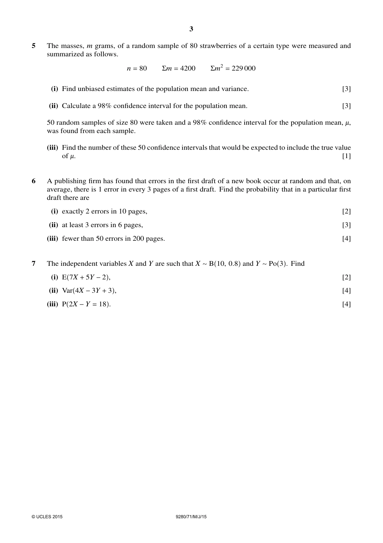 Cambridge A Level Mathematics (US) 9280 2015 May/June Paper 7 · Variant 1 question paper, page 3 of 4