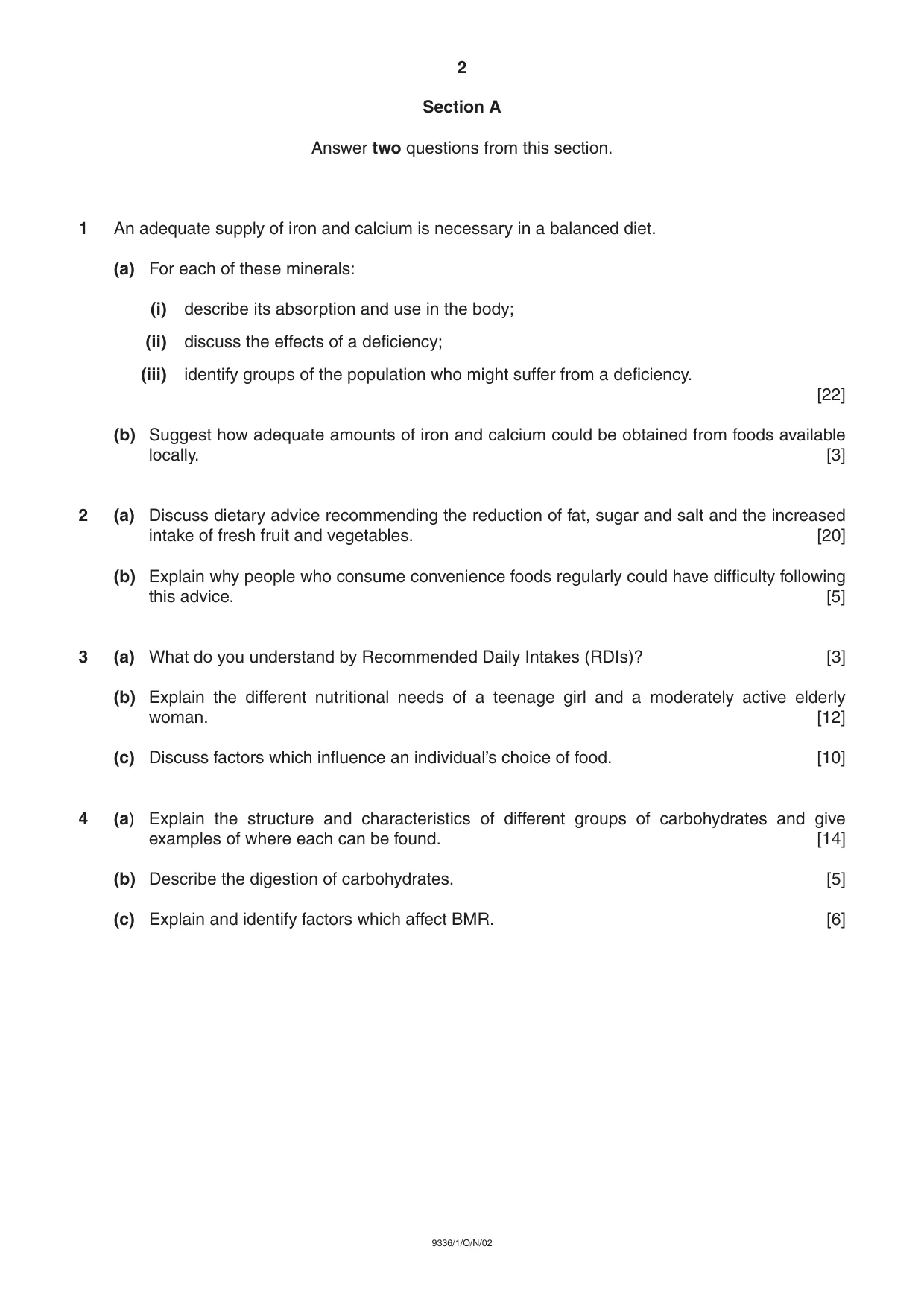 Cambridge A Level Food Studies 9336 2002 Oct/Nov Paper 1 · Variant 1 question paper, page 2 of 4