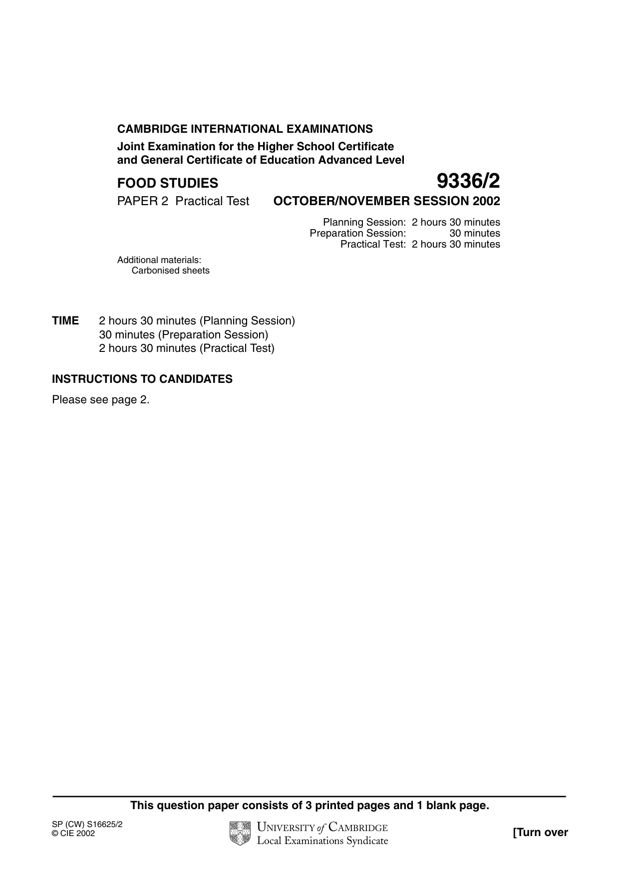 Cambridge A Level Food Studies 9336 2002 Oct/Nov Paper 2 · Variant 1 question paper, page 1 of 4