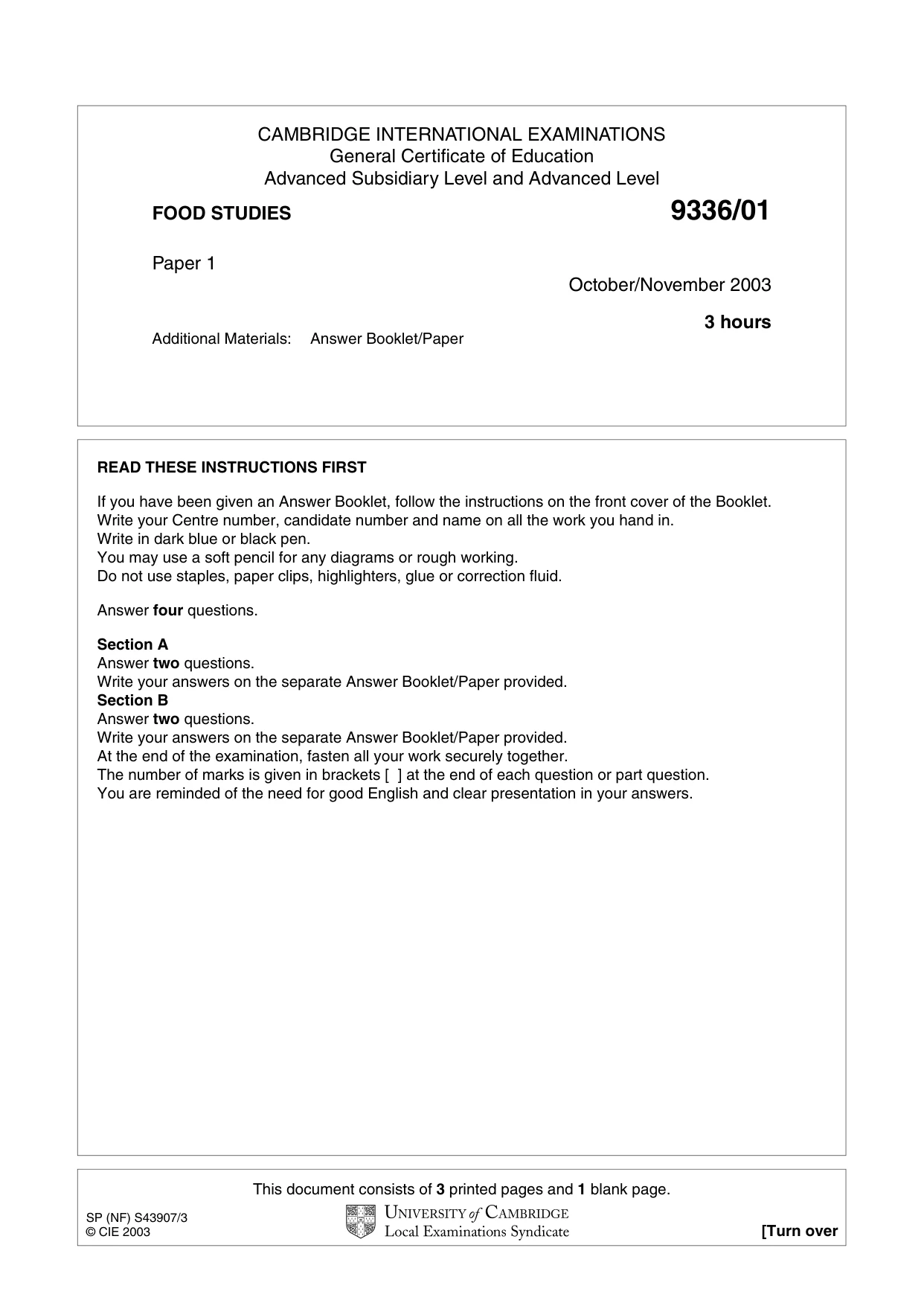 Cambridge A Level Food Studies 9336 2003 Oct/Nov Paper 1 · Variant 1 question paper, page 1 of 4