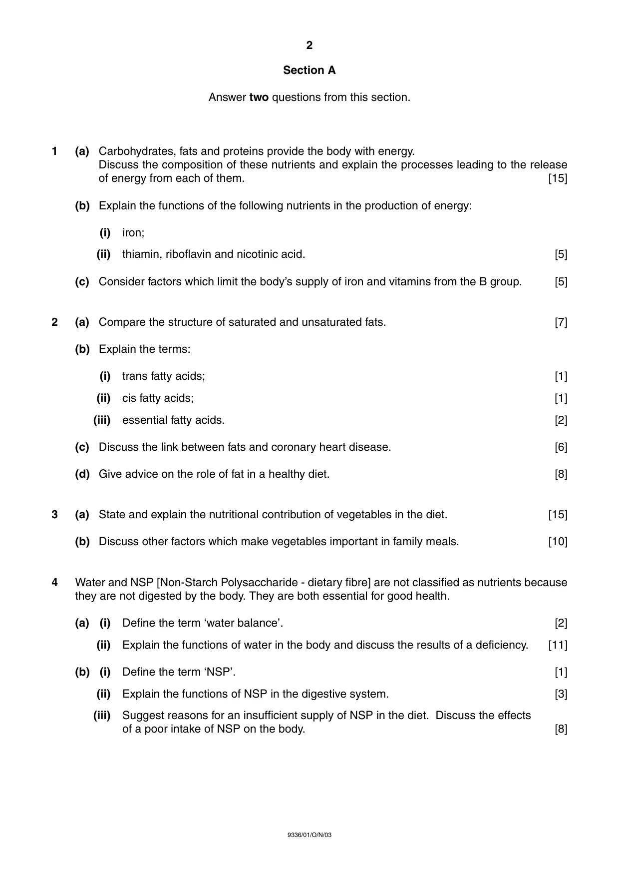 Cambridge A Level Food Studies 9336 2003 Oct/Nov Paper 1 · Variant 1 question paper, page 2 of 4