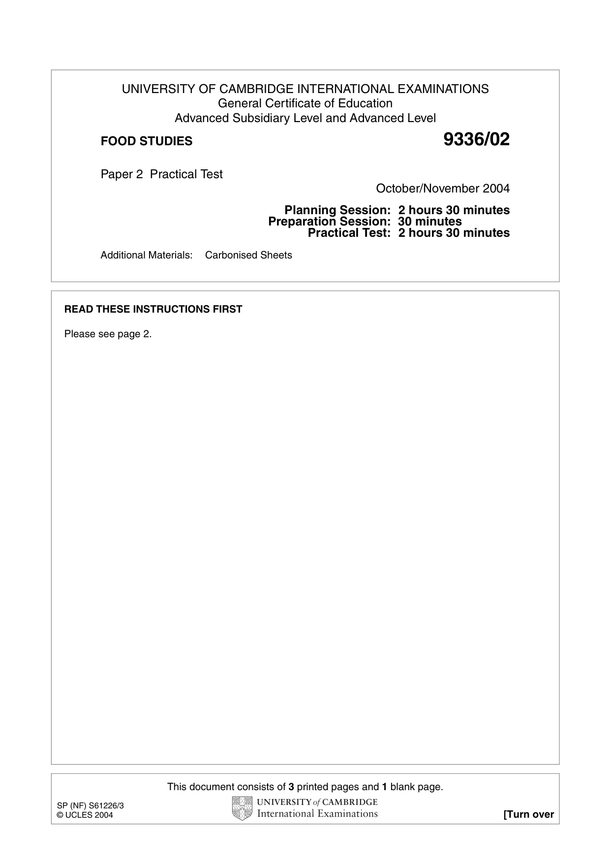Cambridge A Level Food Studies 9336 2004 Oct/Nov Paper 2 · Variant 1 question paper, page 1 of 4