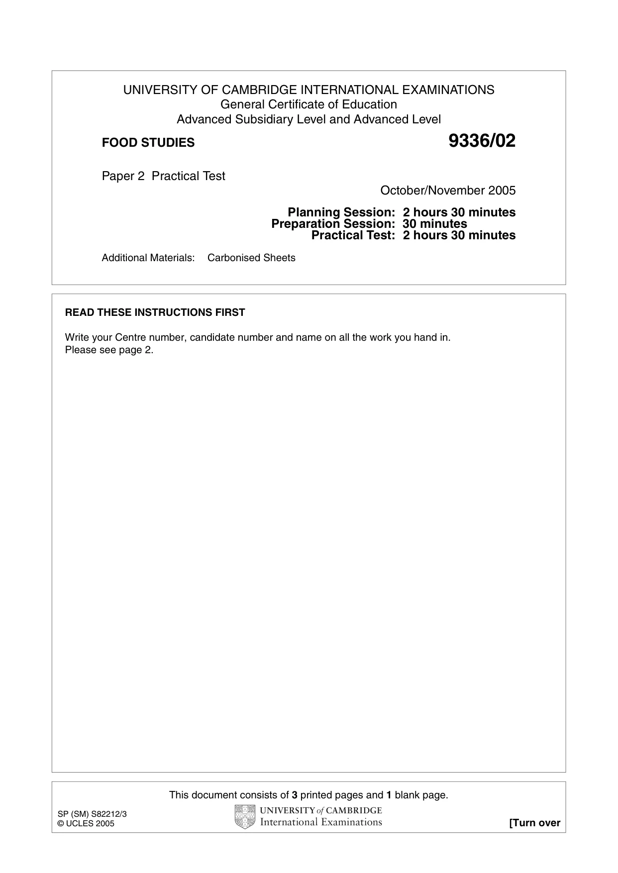 Cambridge A Level Food Studies 9336 2005 Oct/Nov Paper 2 · Variant 1 question paper, page 1 of 4