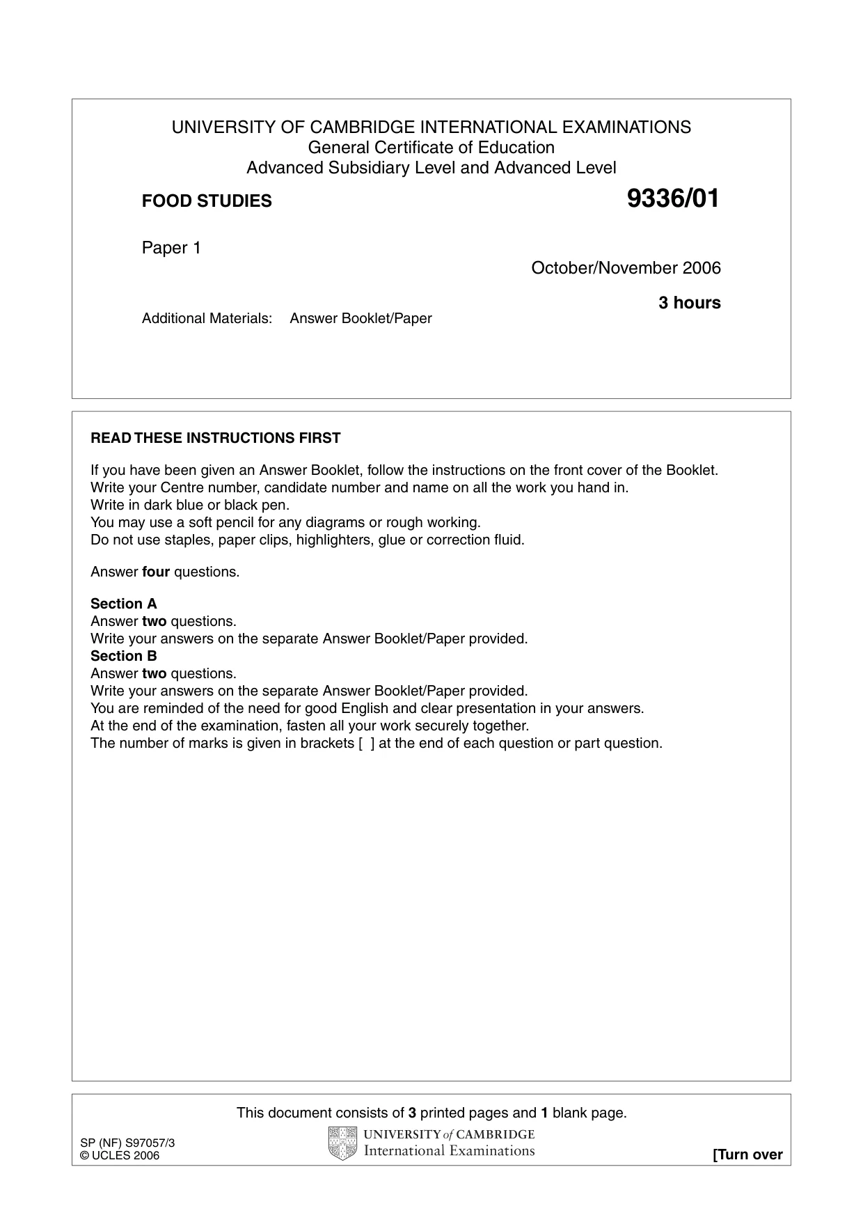 Cambridge A Level Food Studies 9336 2006 Oct/Nov Paper 1 · Variant 1 question paper, page 1 of 4