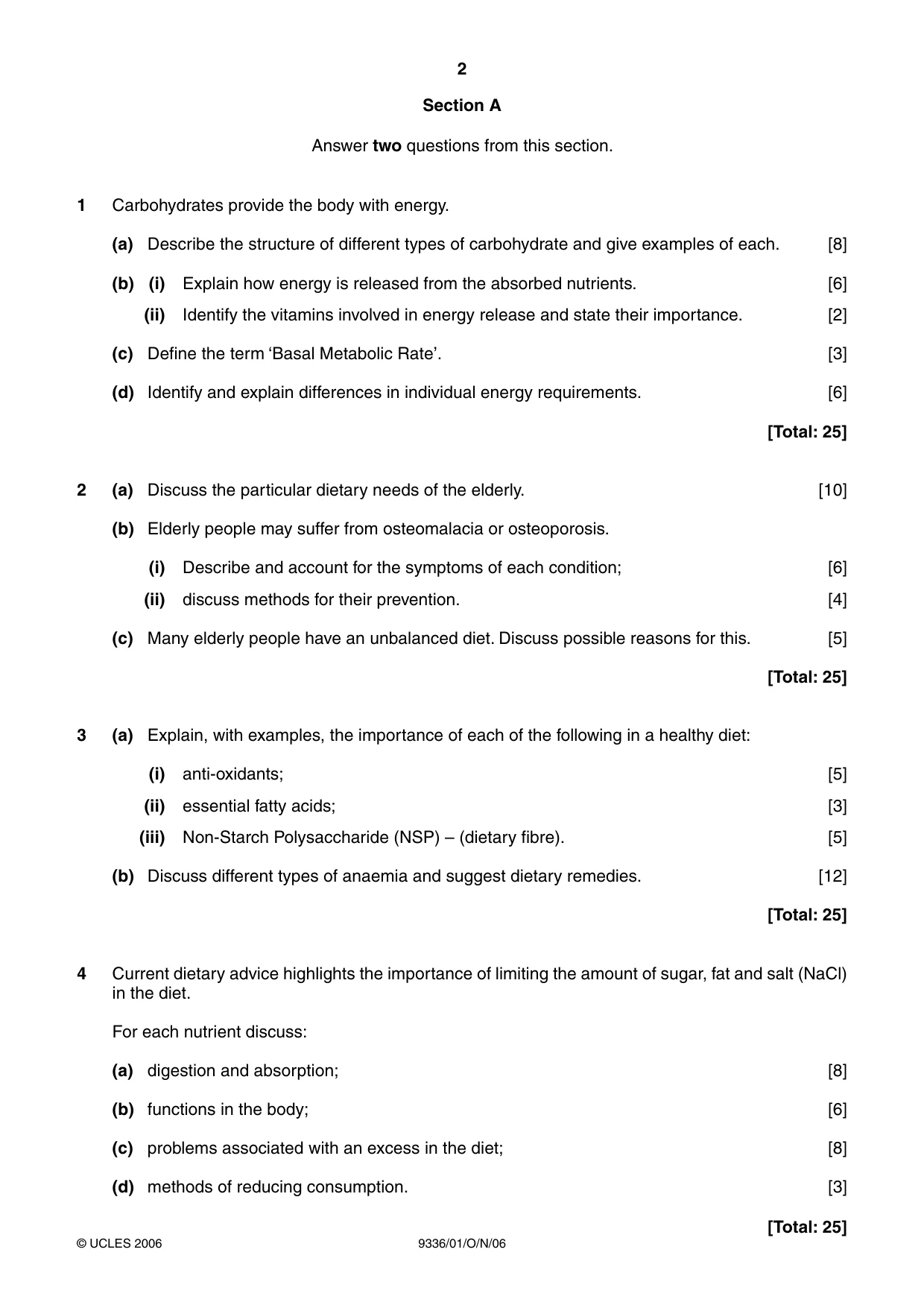 Cambridge A Level Food Studies 9336 2006 Oct/Nov Paper 1 · Variant 1 question paper, page 2 of 4