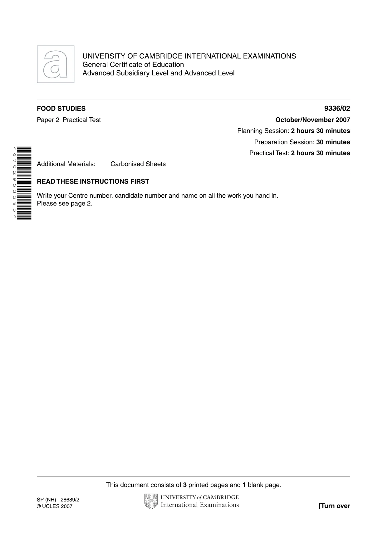 Cambridge A Level Food Studies 9336 2007 Oct/Nov Paper 2 · Variant 1 question paper, page 1 of 4