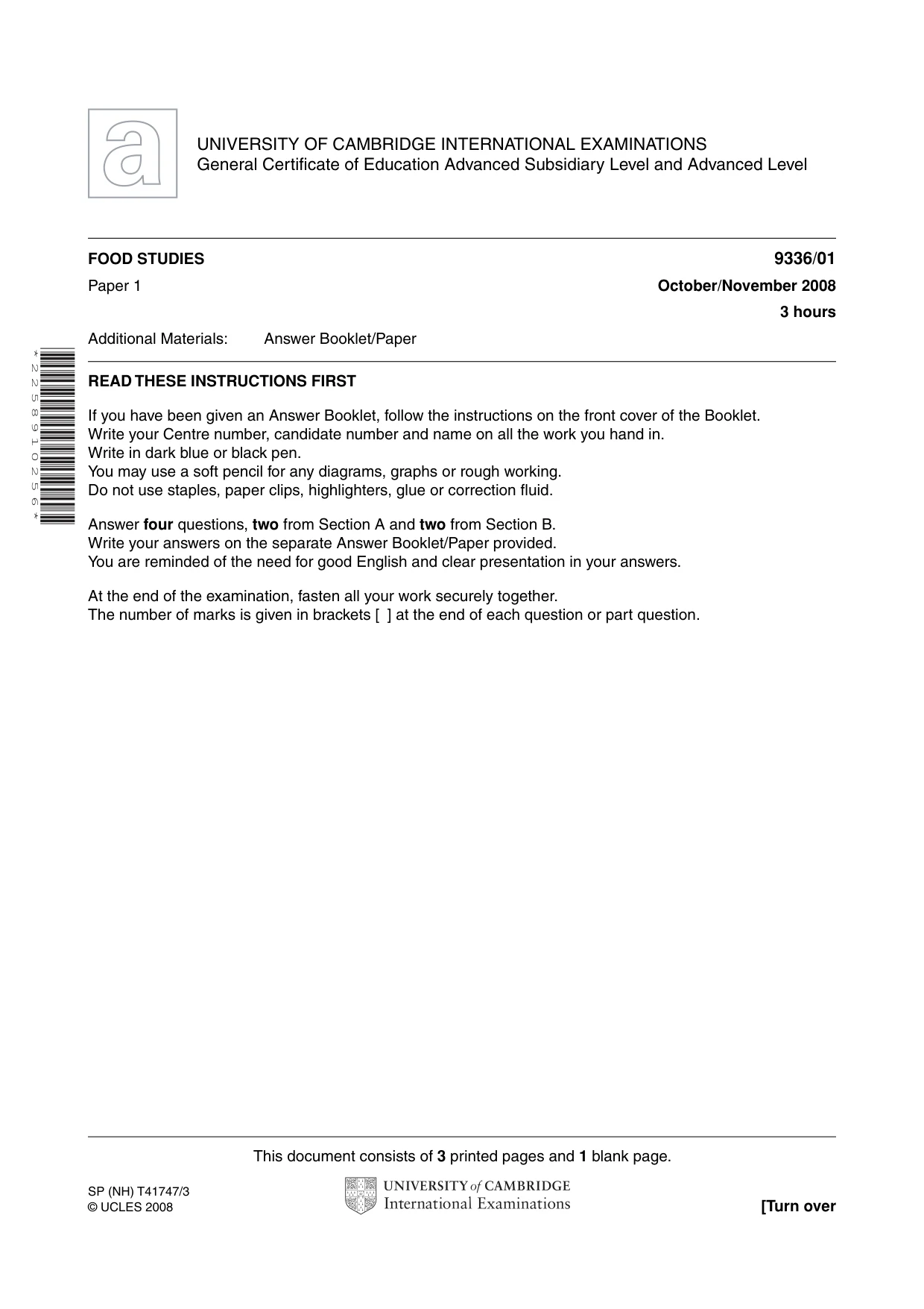 Cambridge A Level Food Studies 9336 2008 Oct/Nov Paper 1 · Variant 0 question paper, page 1 of 4