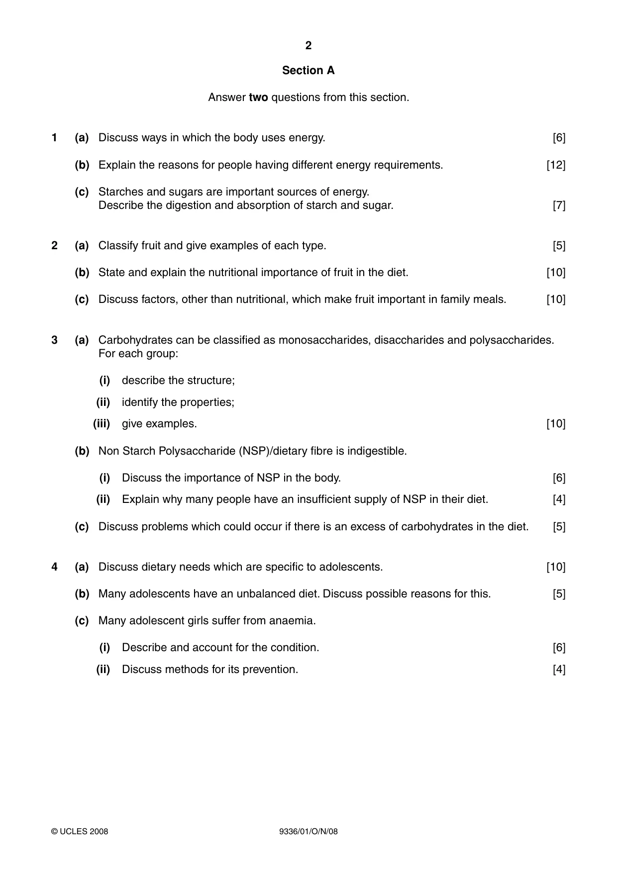 Cambridge A Level Food Studies 9336 2008 Oct/Nov Paper 1 · Variant 0 question paper, page 2 of 4