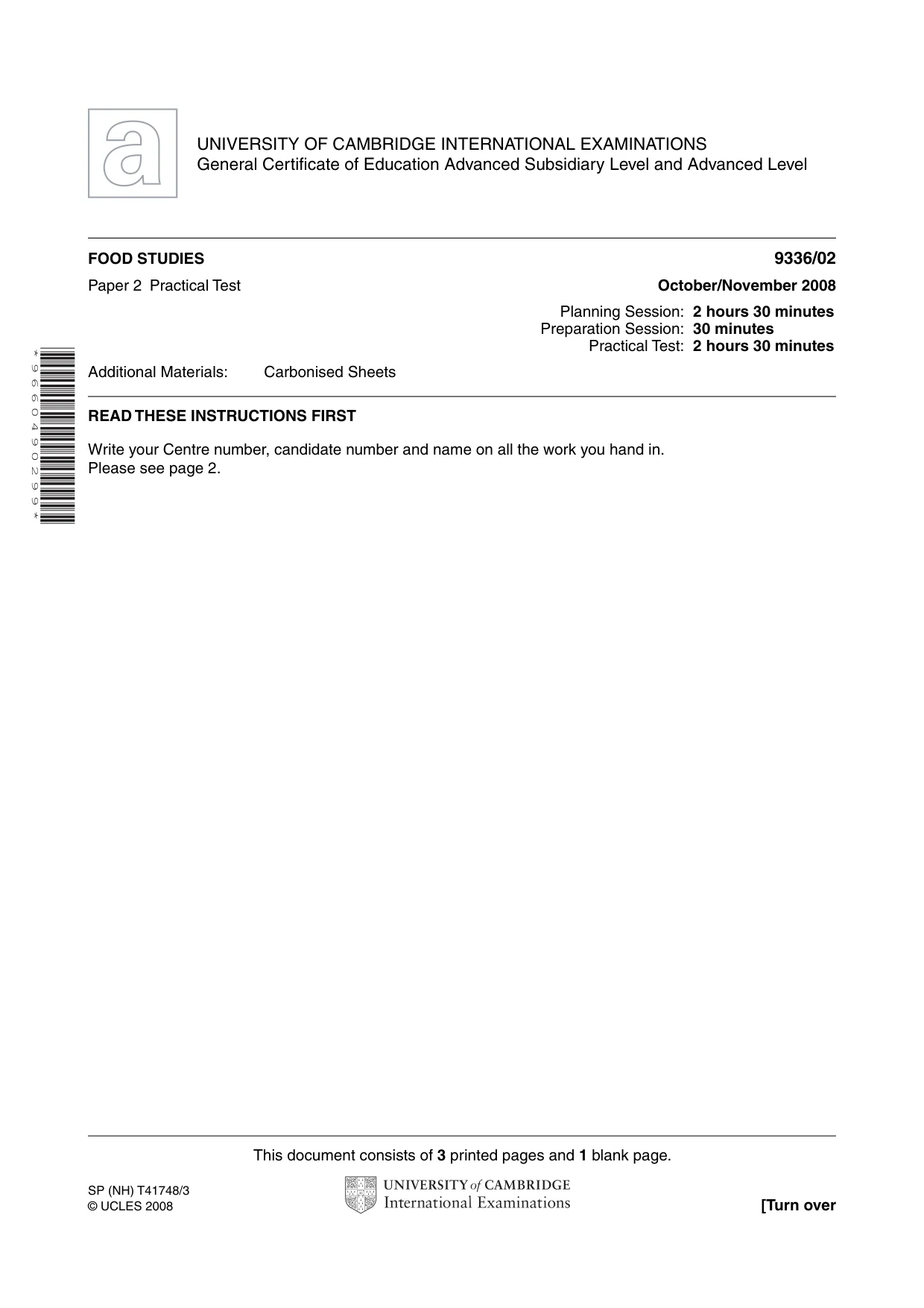 Cambridge A Level Food Studies 9336 2008 Oct/Nov Paper 2 · Variant 1 question paper, page 1 of 4