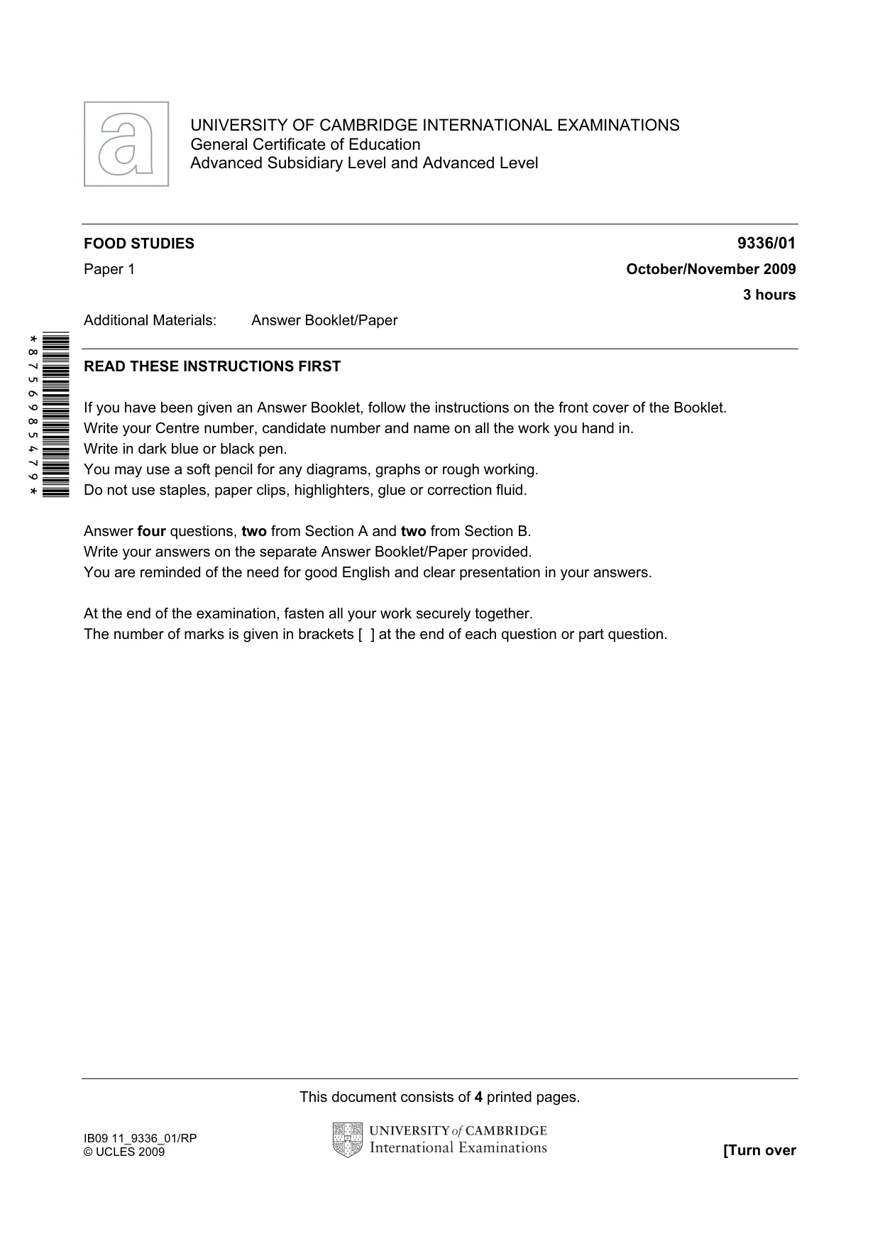 Cambridge A Level Food Studies 9336 2009 Oct/Nov Paper 1 · Variant 1 question paper, page 1 of 4