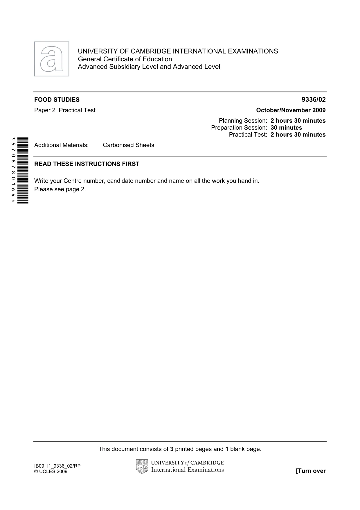 Cambridge A Level Food Studies 9336 2009 Oct/Nov Paper 2 · Variant 1 question paper, page 1 of 4