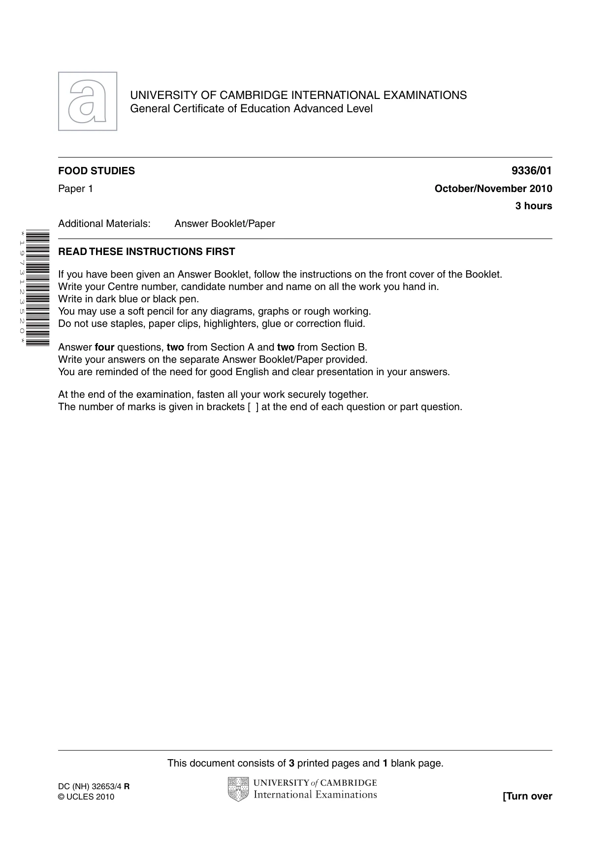 Cambridge A Level Food Studies 9336 2010 Oct/Nov Paper 1 · Variant 1 question paper, page 1 of 4