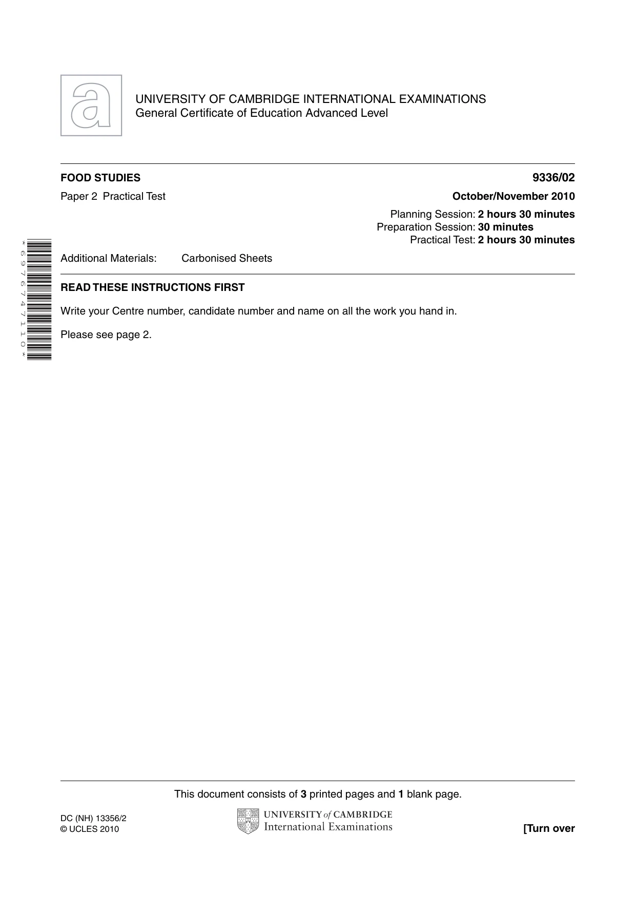 Cambridge A Level Food Studies 9336 2010 Oct/Nov Paper 2 · Variant 1 question paper, page 1 of 4