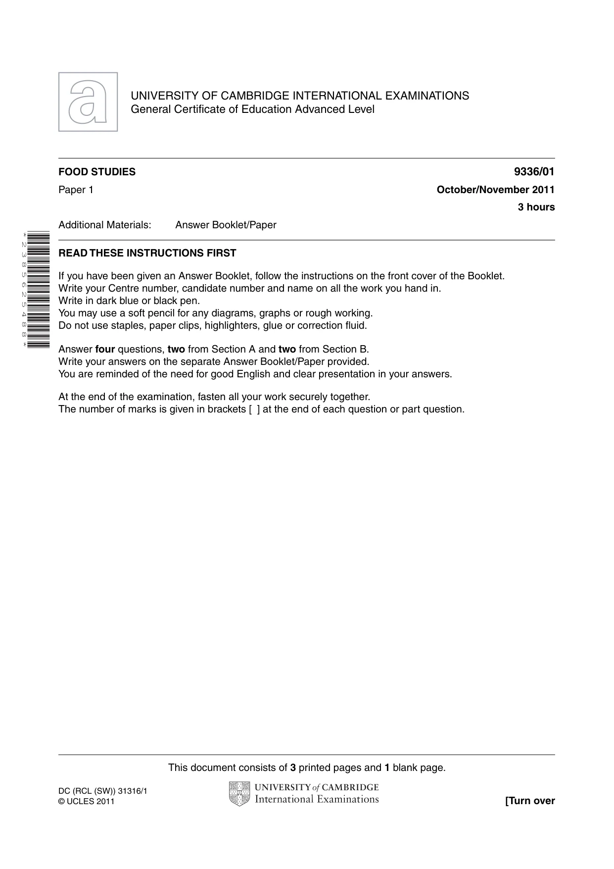 Cambridge A Level Food Studies 9336 2011 Oct/Nov Paper 1 · Variant 1 question paper, page 1 of 4