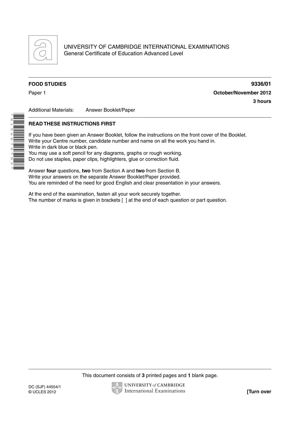 Cambridge A Level Food Studies 9336 2012 Oct/Nov Paper 1 · Variant 1 question paper, page 1 of 4