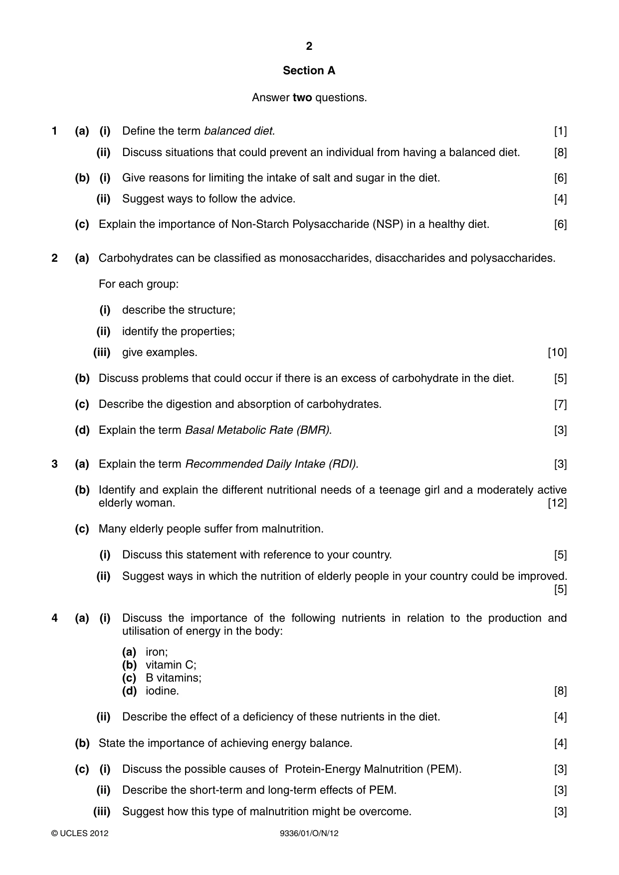 Cambridge A Level Food Studies 9336 2012 Oct/Nov Paper 1 · Variant 1 question paper, page 2 of 4