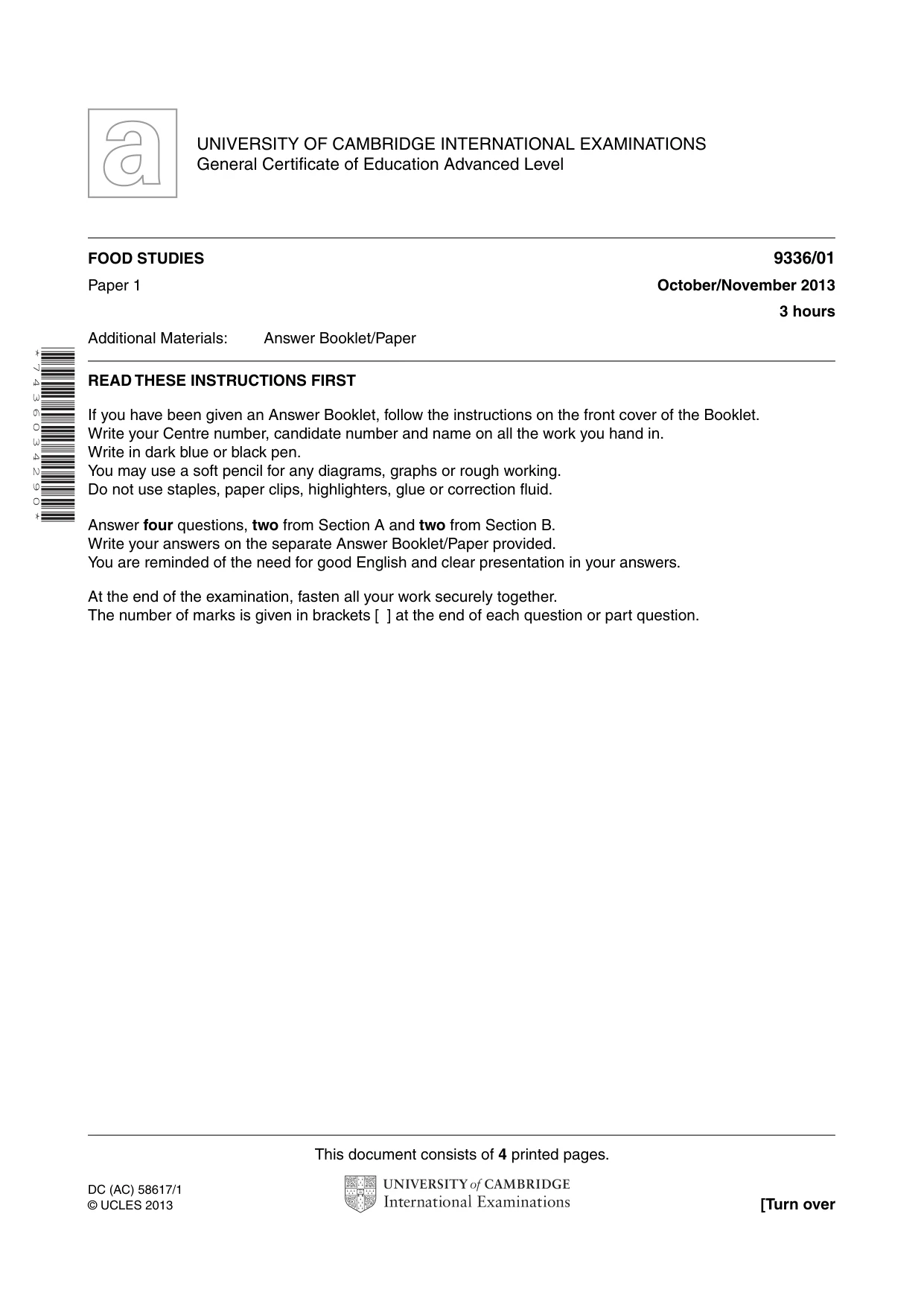 Cambridge A Level Food Studies 9336 2013 Oct/Nov Paper 1 · Variant 1 question paper, page 1 of 4