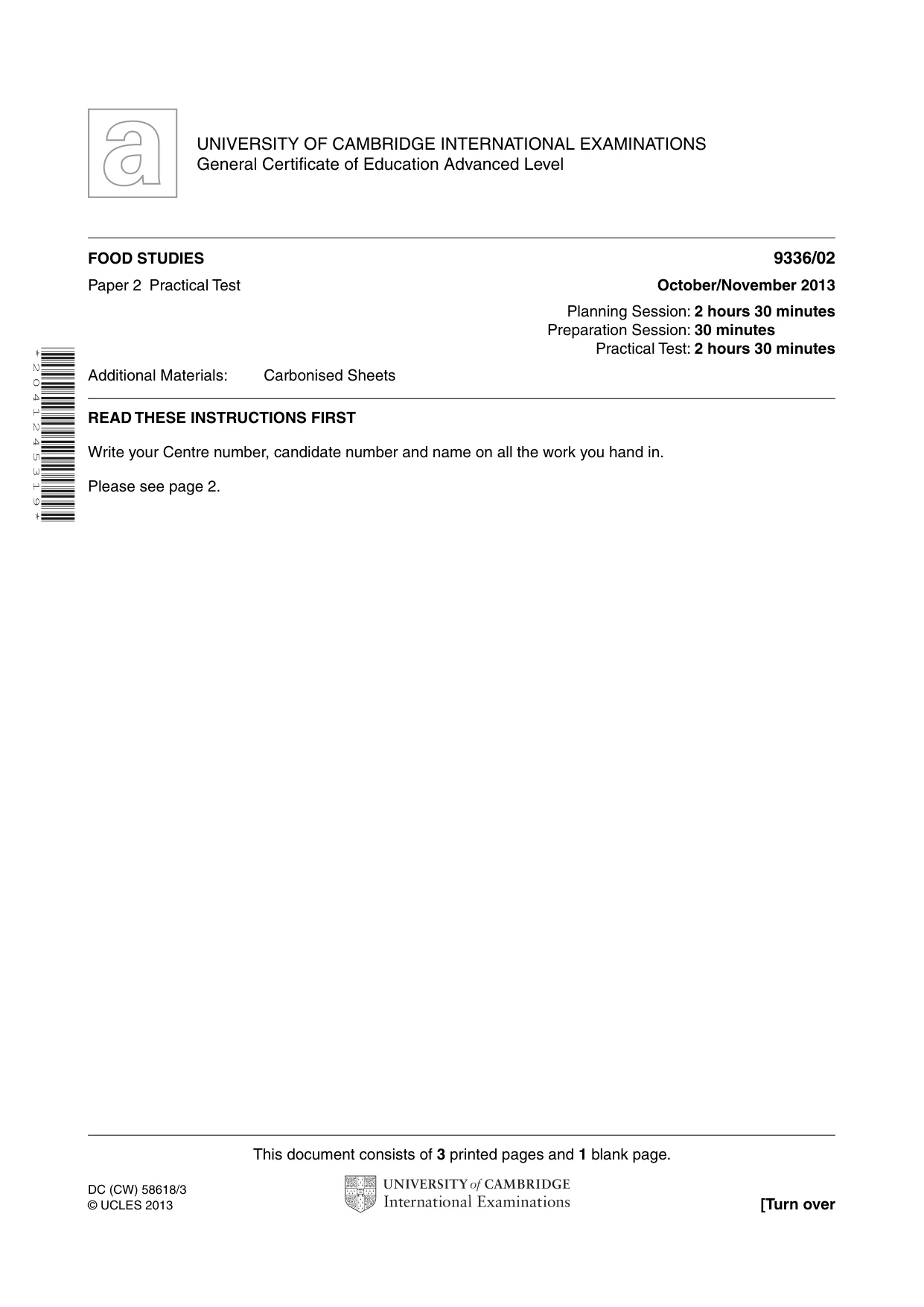 Cambridge A Level Food Studies 9336 2013 Oct/Nov Paper 2 · Variant 1 question paper, page 1 of 4
