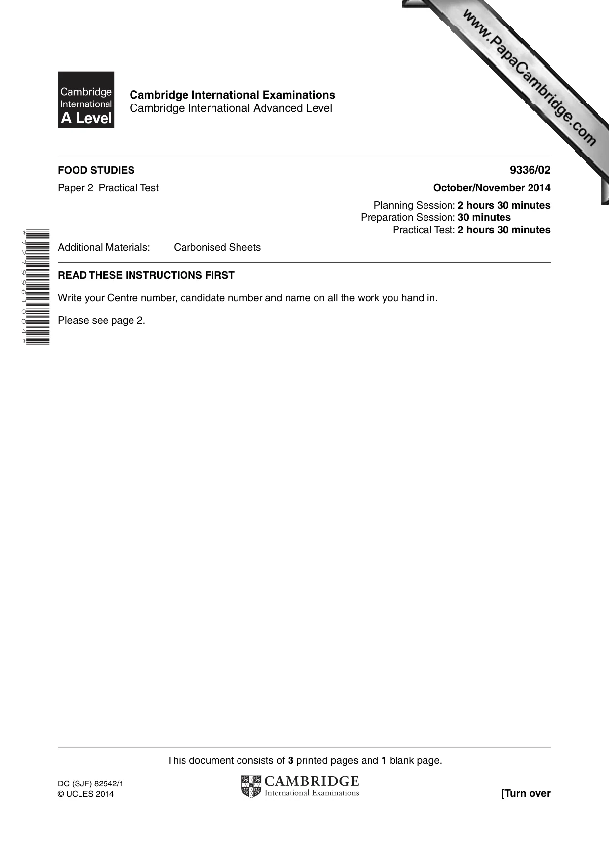 Cambridge A Level Food Studies 9336 2014 Oct/Nov Paper 2 · Variant 1 question paper, page 1 of 4