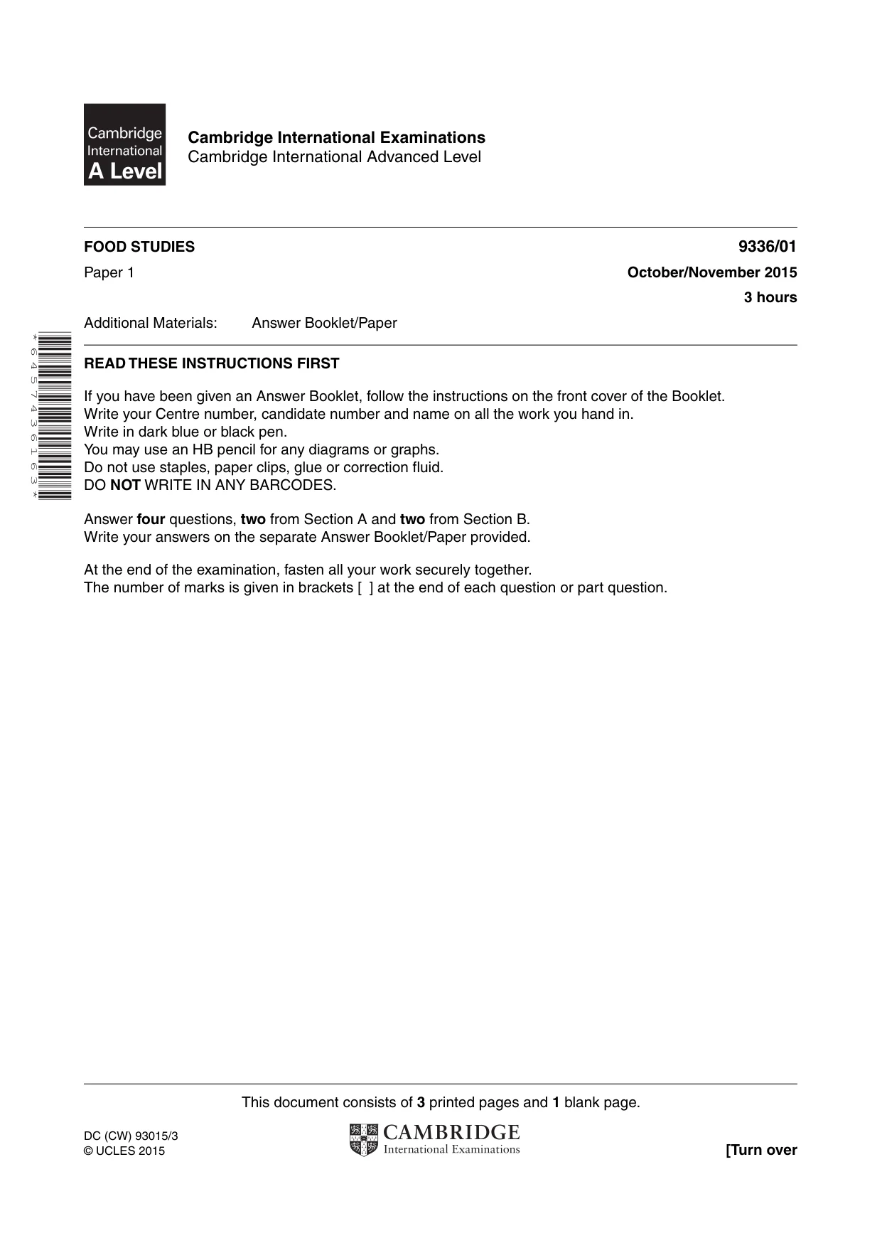 Cambridge A Level Food Studies 9336 2015 Oct/Nov Paper 1 · Variant 1 question paper, page 1 of 4