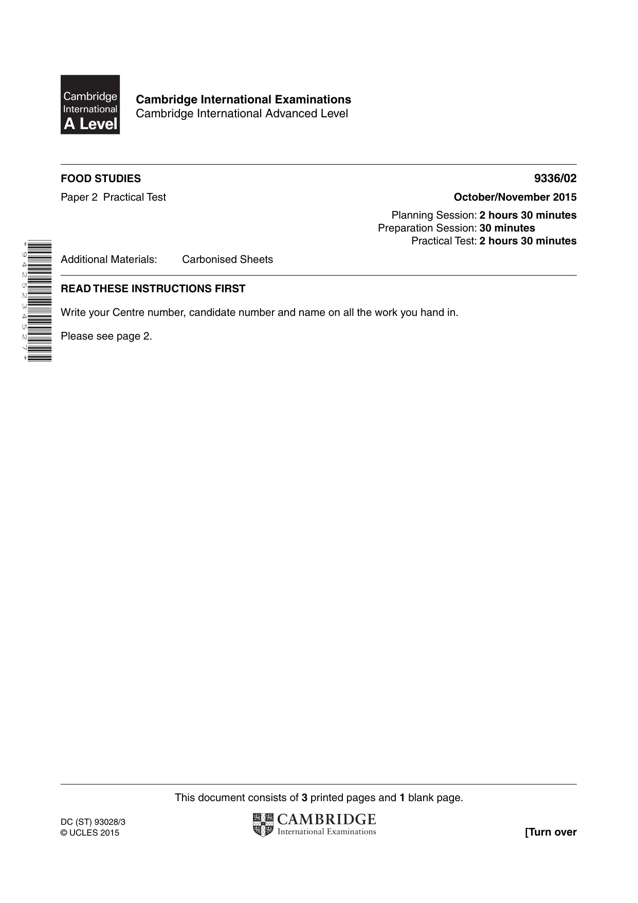 Cambridge A Level Food Studies 9336 2015 Oct/Nov Paper 2 · Variant 1 question paper, page 1 of 4