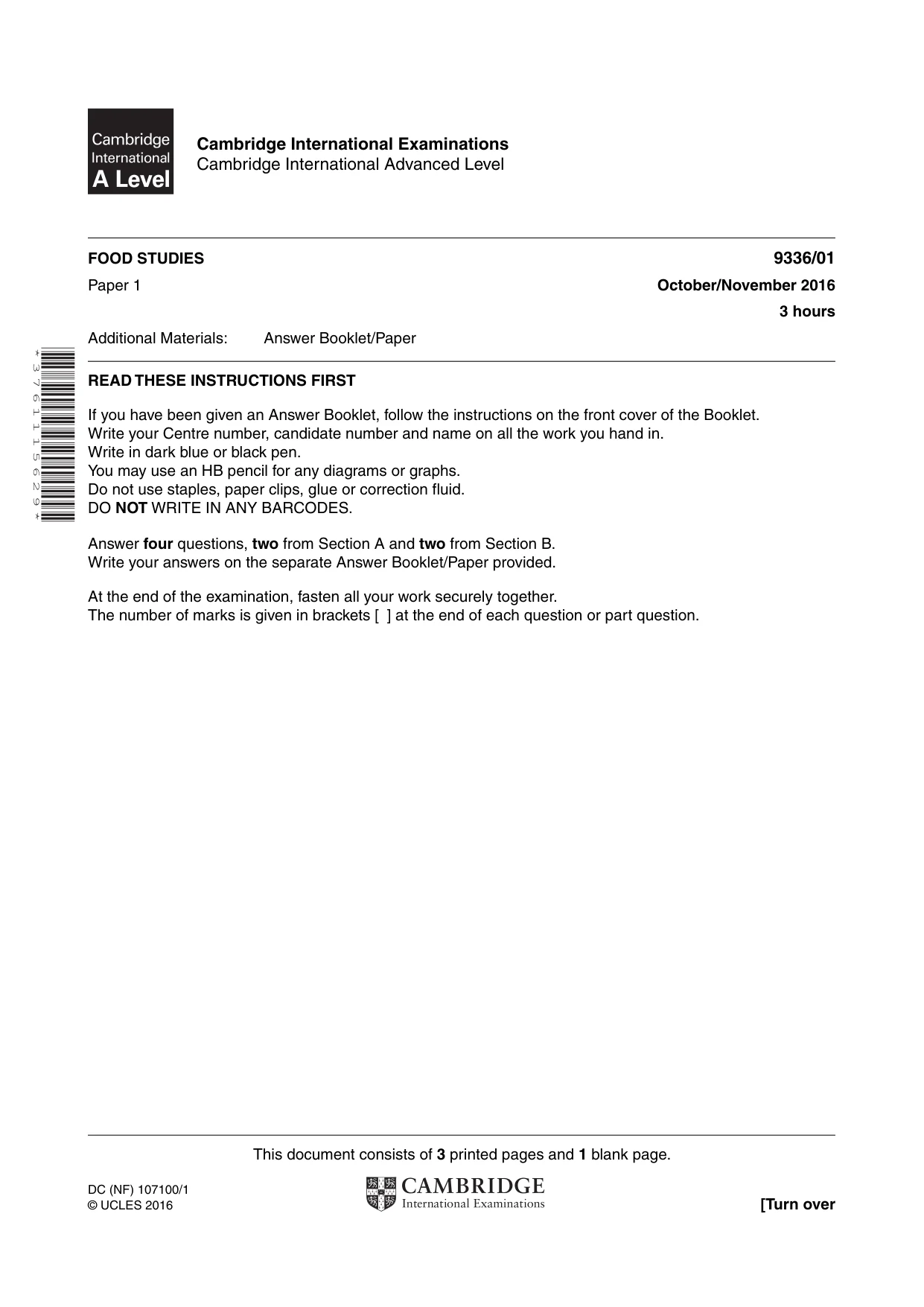 Cambridge A Level Food Studies 9336 2016 Oct/Nov Paper 1 · Variant 1 question paper, page 1 of 4
