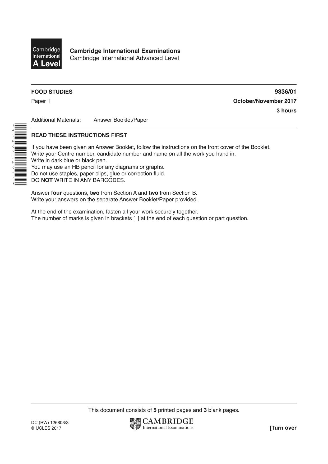 Cambridge A Level Food Studies 9336 2017 Oct/Nov Paper 1 · Variant 1 question paper, page 1 of 8