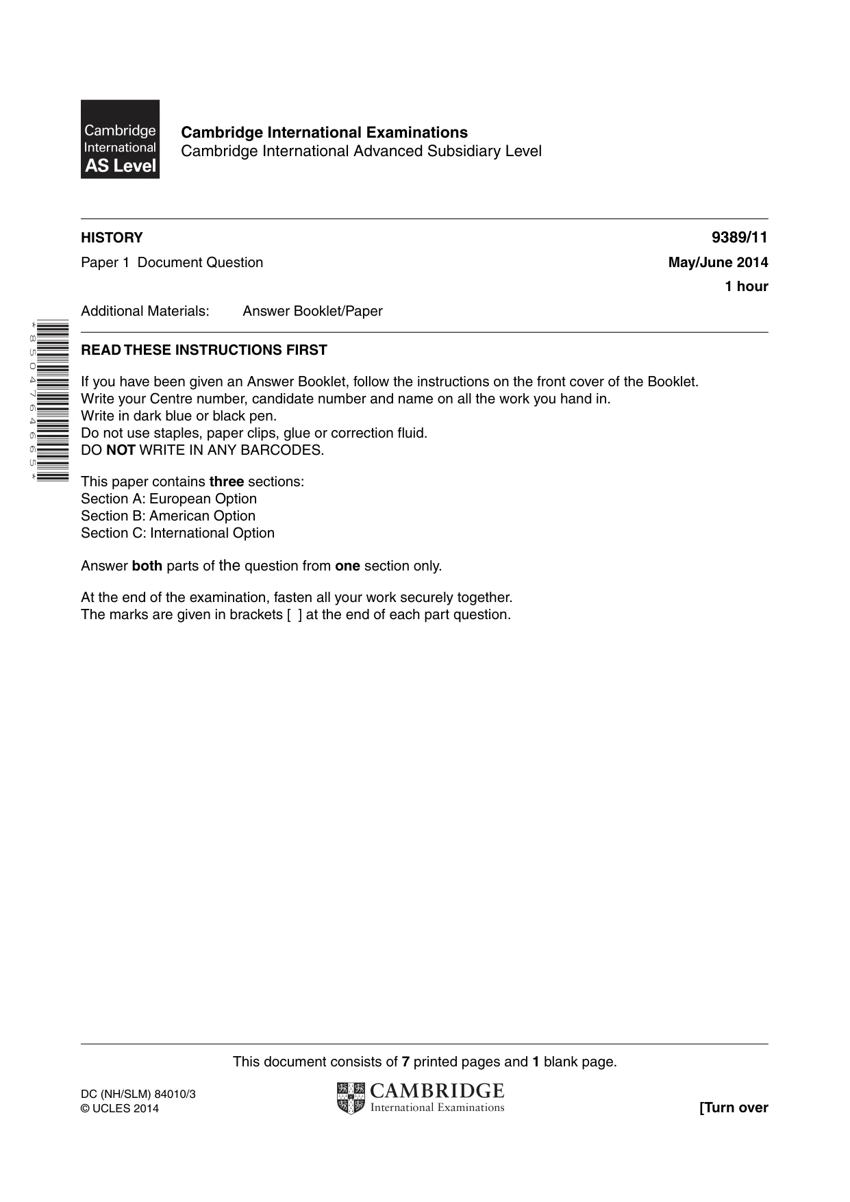 Cambridge A Level History 9389 2014 May/June Paper 1 · Variant 1 question paper, page 1 of 8