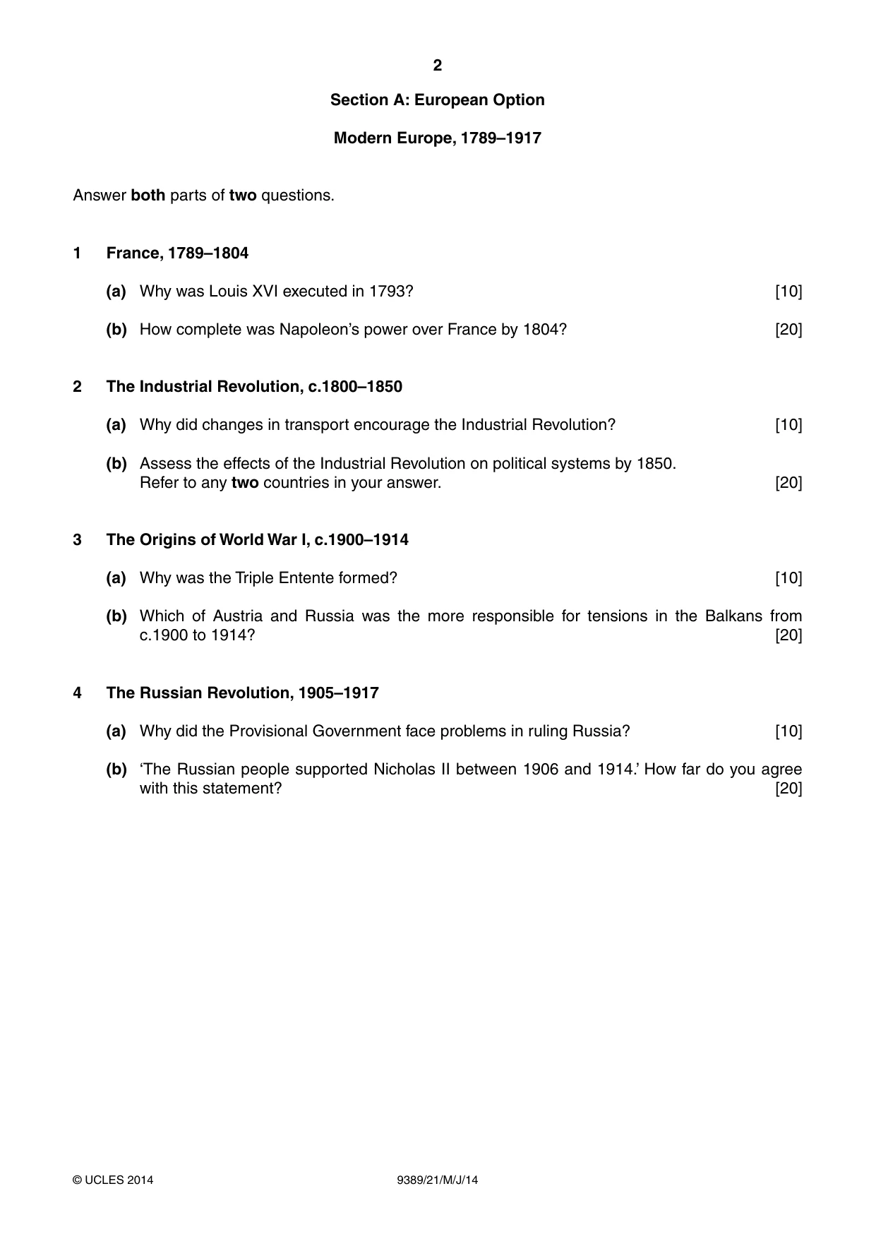 Cambridge A Level History 9389 2014 May/June Paper 2 · Variant 1 question paper, page 2 of 4