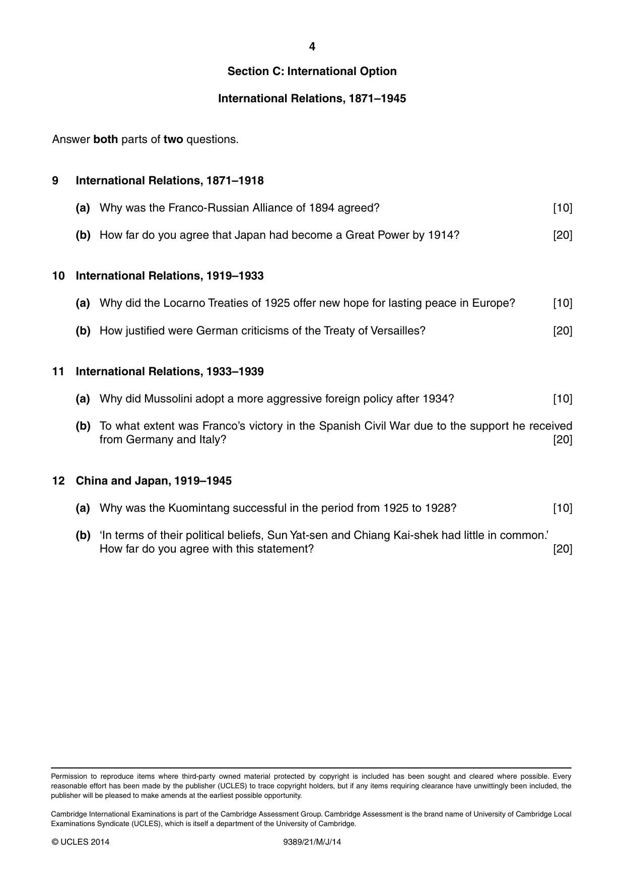 Cambridge A Level History 9389 2014 May/June Paper 2 · Variant 1 question paper, page 4 of 4