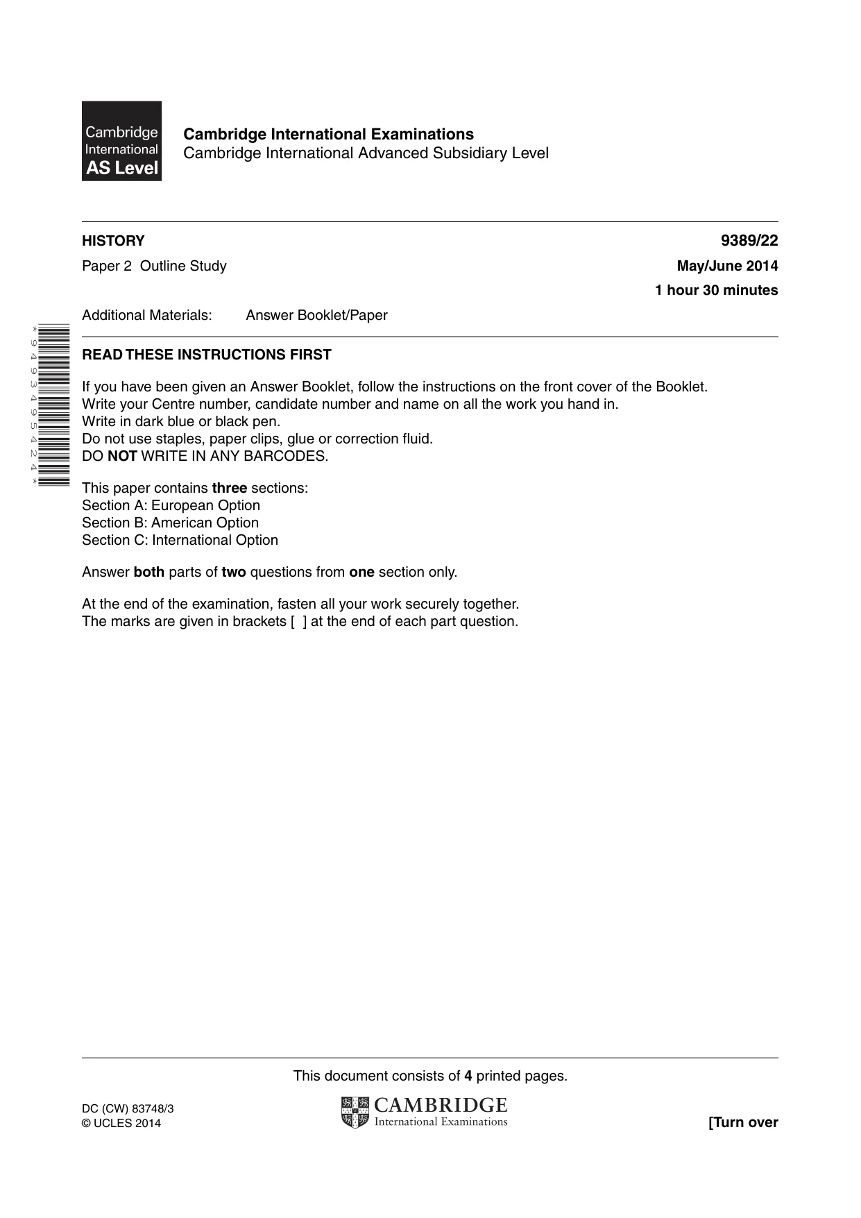 Cambridge A Level History 9389 2014 May/June Paper 2 · Variant 2 question paper, page 1 of 4