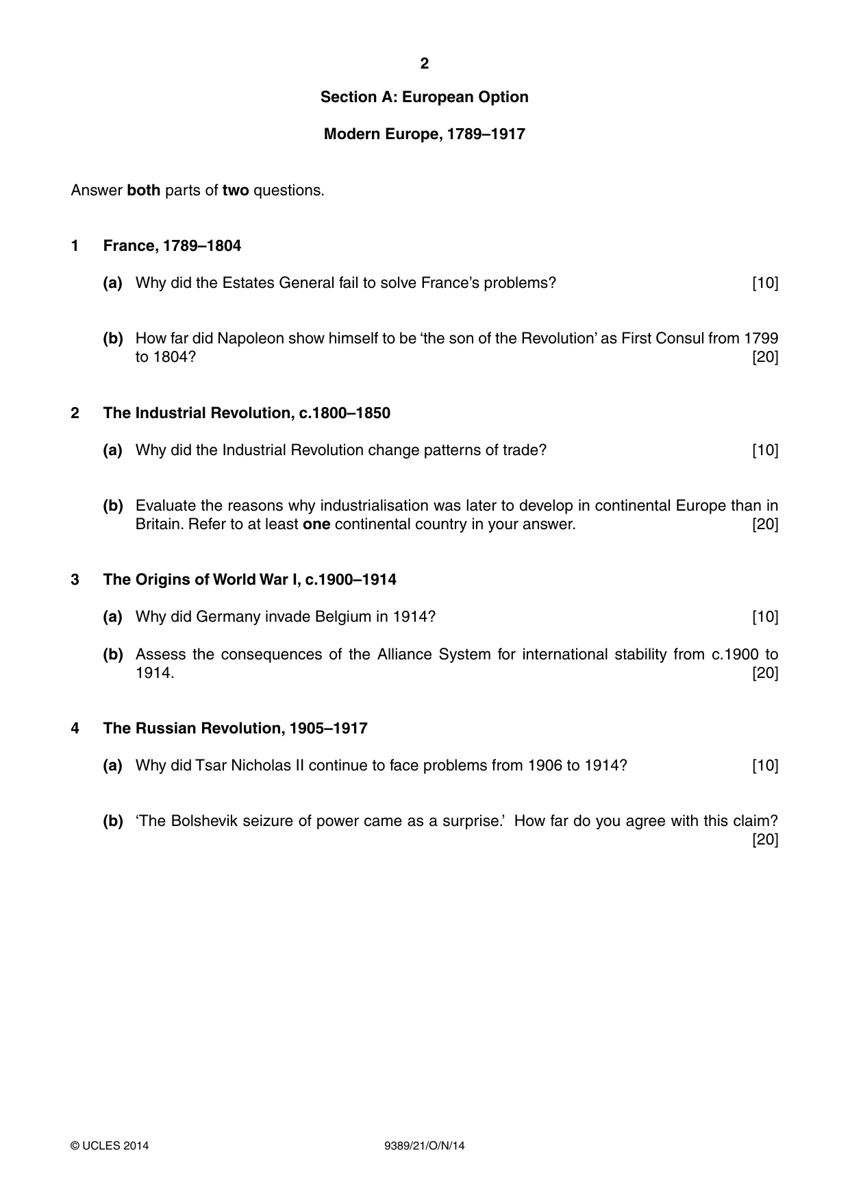 Cambridge A Level History 9389 2014 Oct/Nov Paper 2 · Variant 1 question paper, page 2 of 4