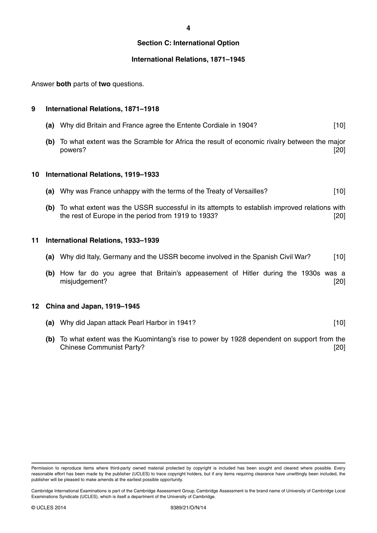 Cambridge A Level History 9389 2014 Oct/Nov Paper 2 · Variant 1 question paper, page 4 of 4
