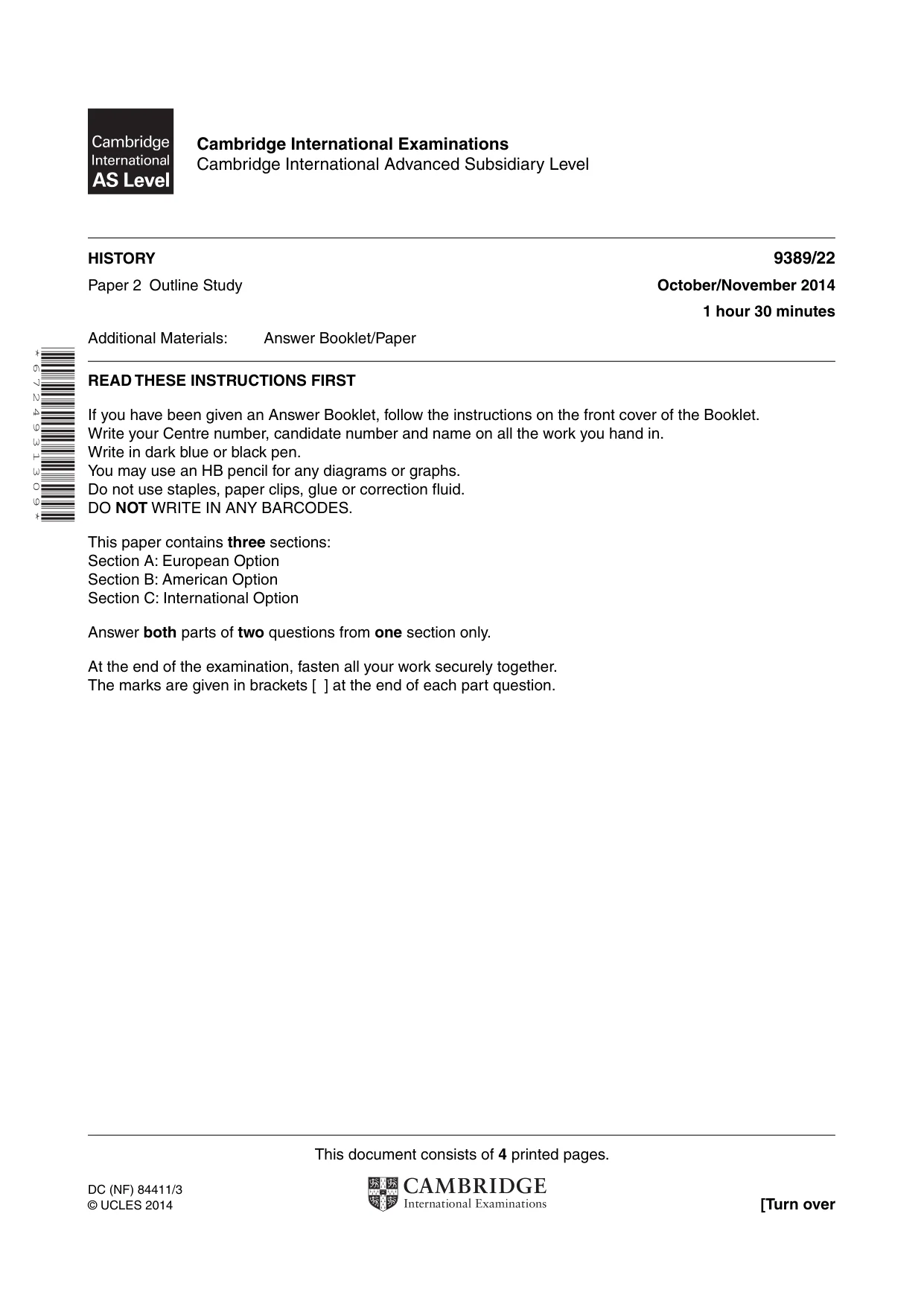 Cambridge A Level History 9389 2014 Oct/Nov Paper 2 · Variant 2 question paper, page 1 of 4