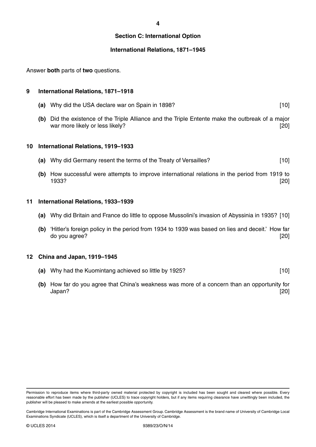 Cambridge A Level History 9389 2014 Oct/Nov Paper 2 · Variant 3 question paper, page 4 of 4