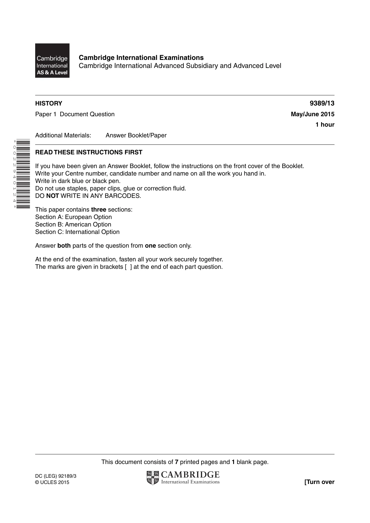 Cambridge A Level History 9389 2015 May/June Paper 1 · Variant 3 question paper, page 1 of 8