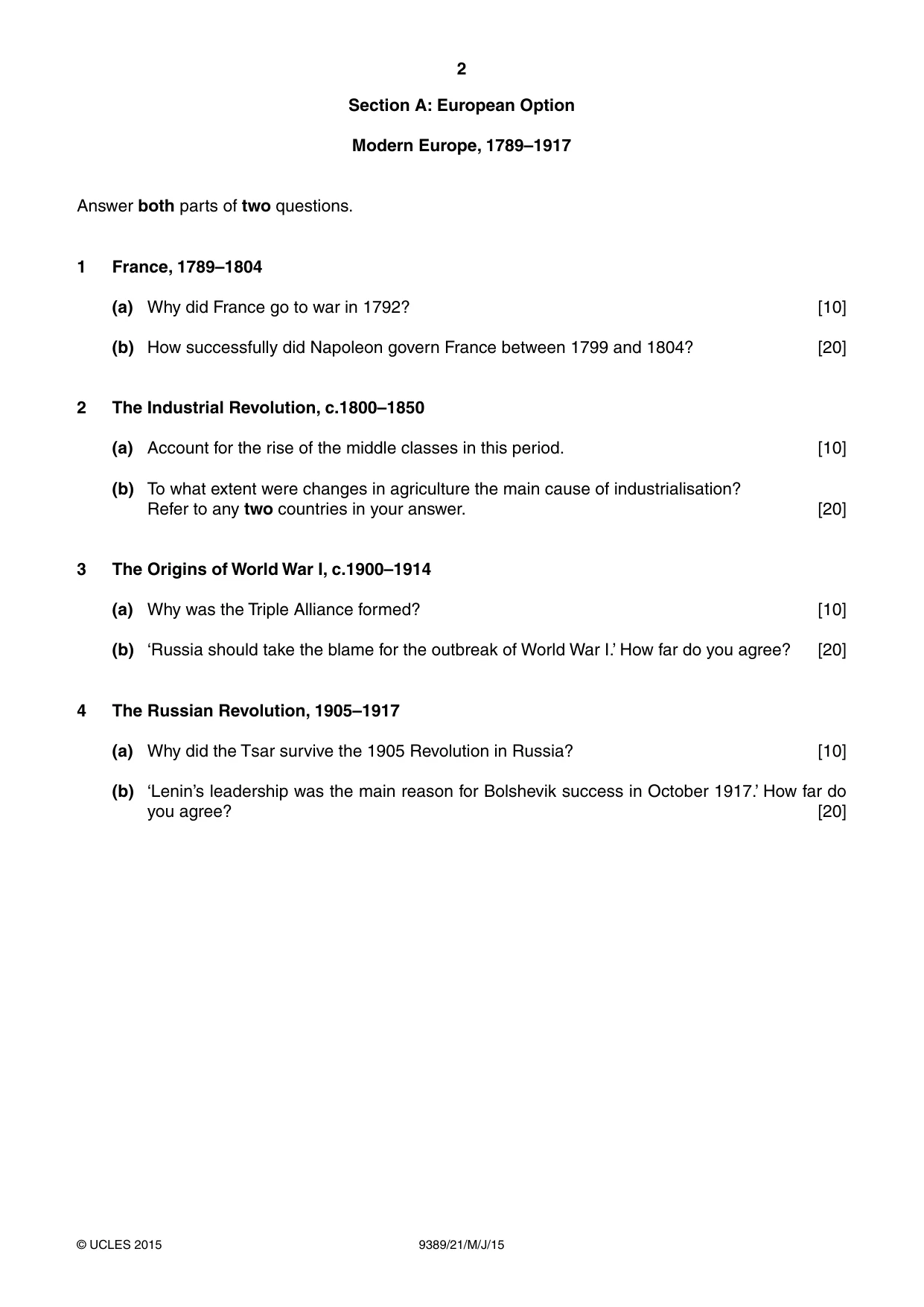Cambridge A Level History 9389 2015 May/June Paper 2 · Variant 1 question paper, page 2 of 4