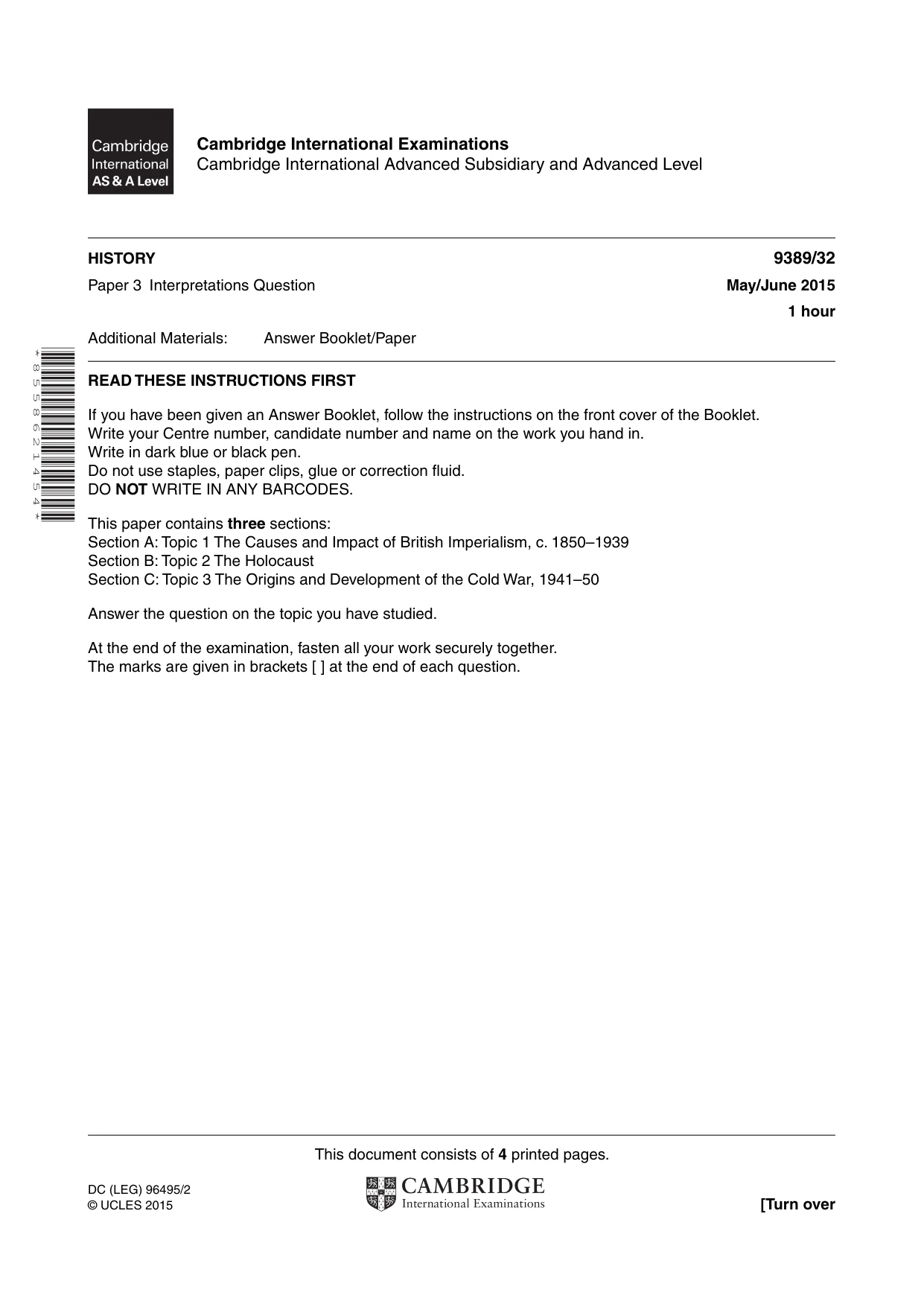 Cambridge A Level History 9389 2015 May/June Paper 3 · Variant 2 question paper, page 1 of 4