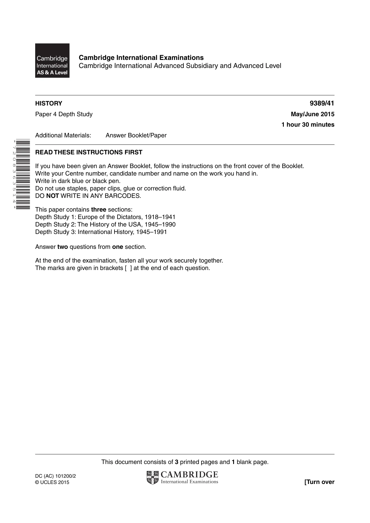 Cambridge A Level History 9389 2015 May/June Paper 4 · Variant 1 question paper, page 1 of 4