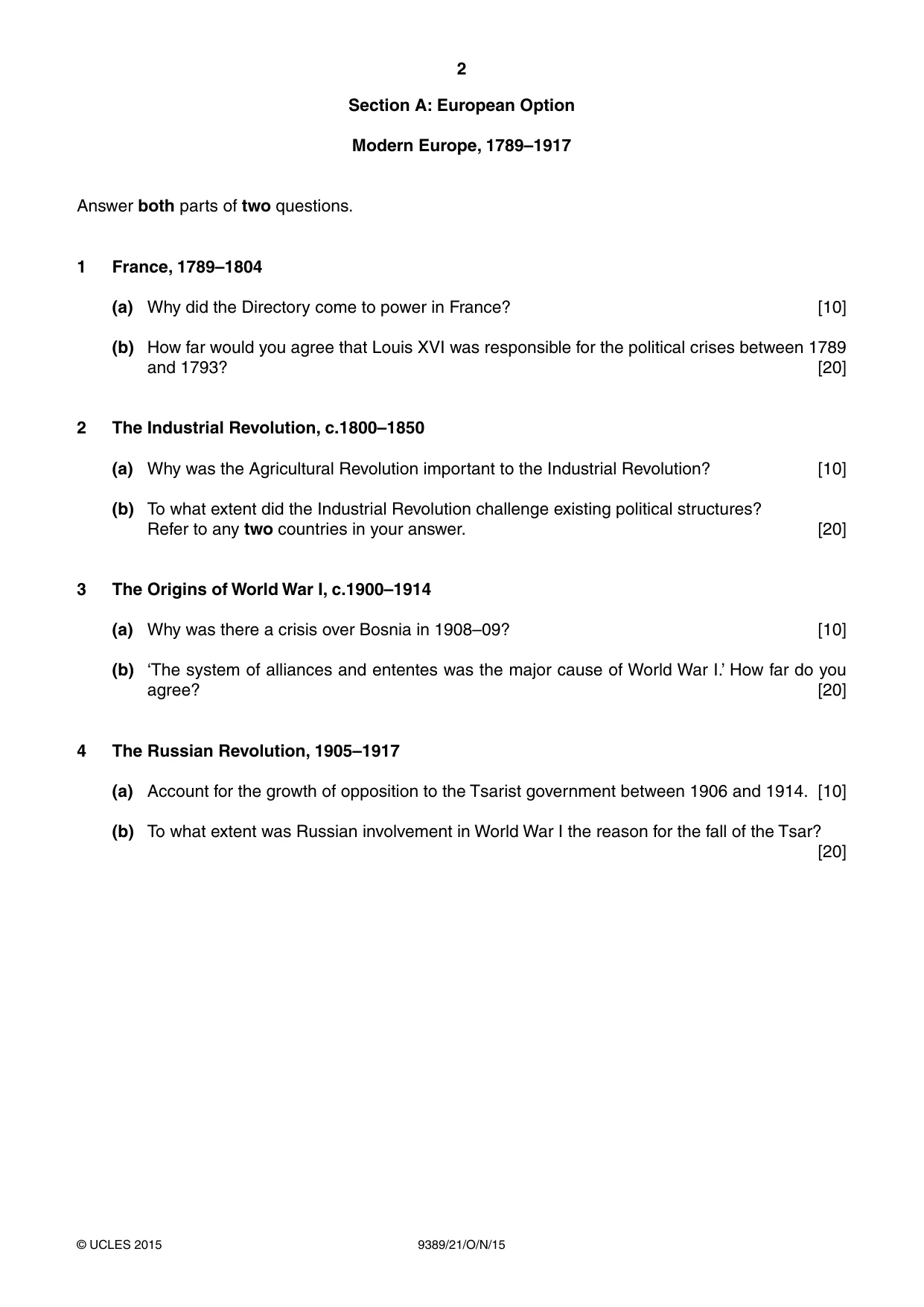 Cambridge A Level History 9389 2015 Oct/Nov Paper 2 · Variant 1 question paper, page 2 of 4
