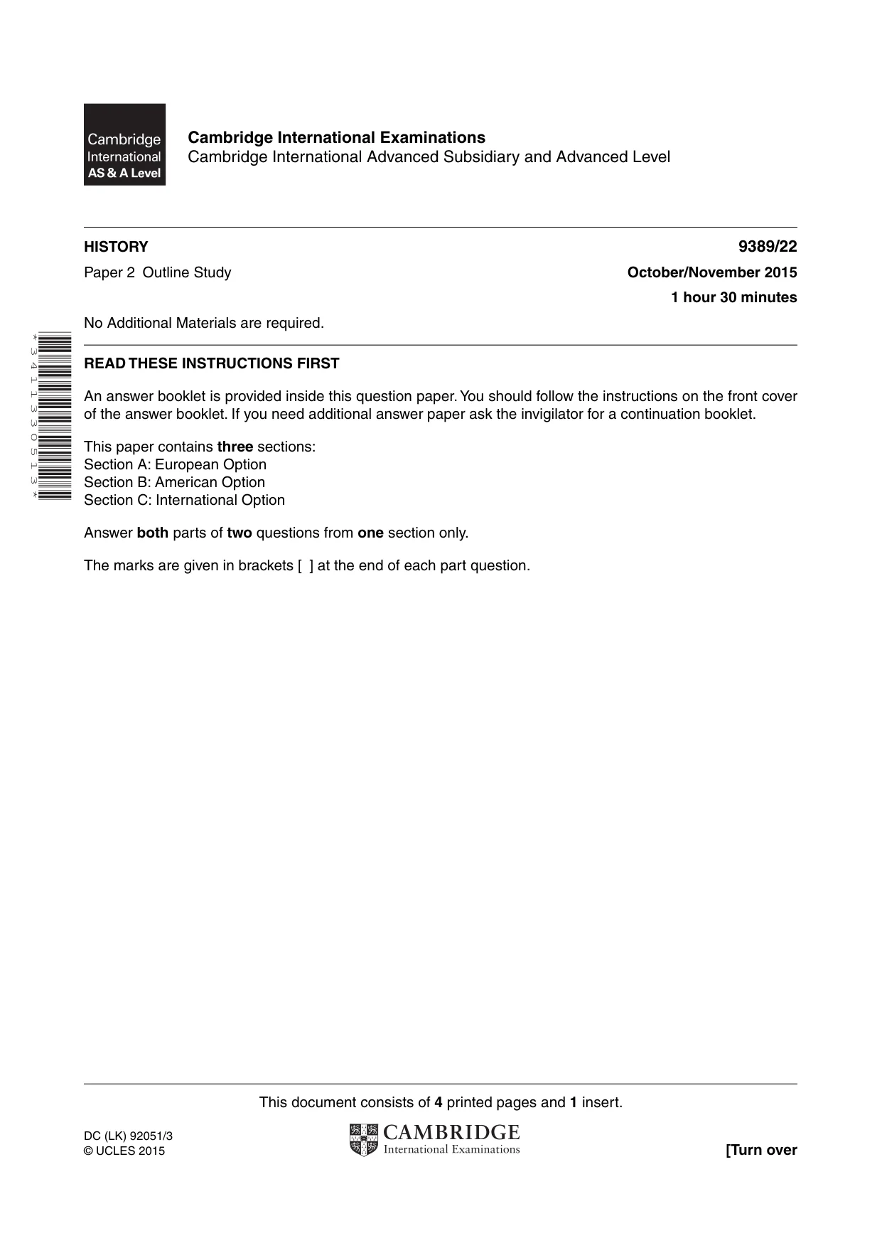 Cambridge A Level History 9389 2015 Oct/Nov Paper 2 · Variant 2 question paper, page 1 of 4