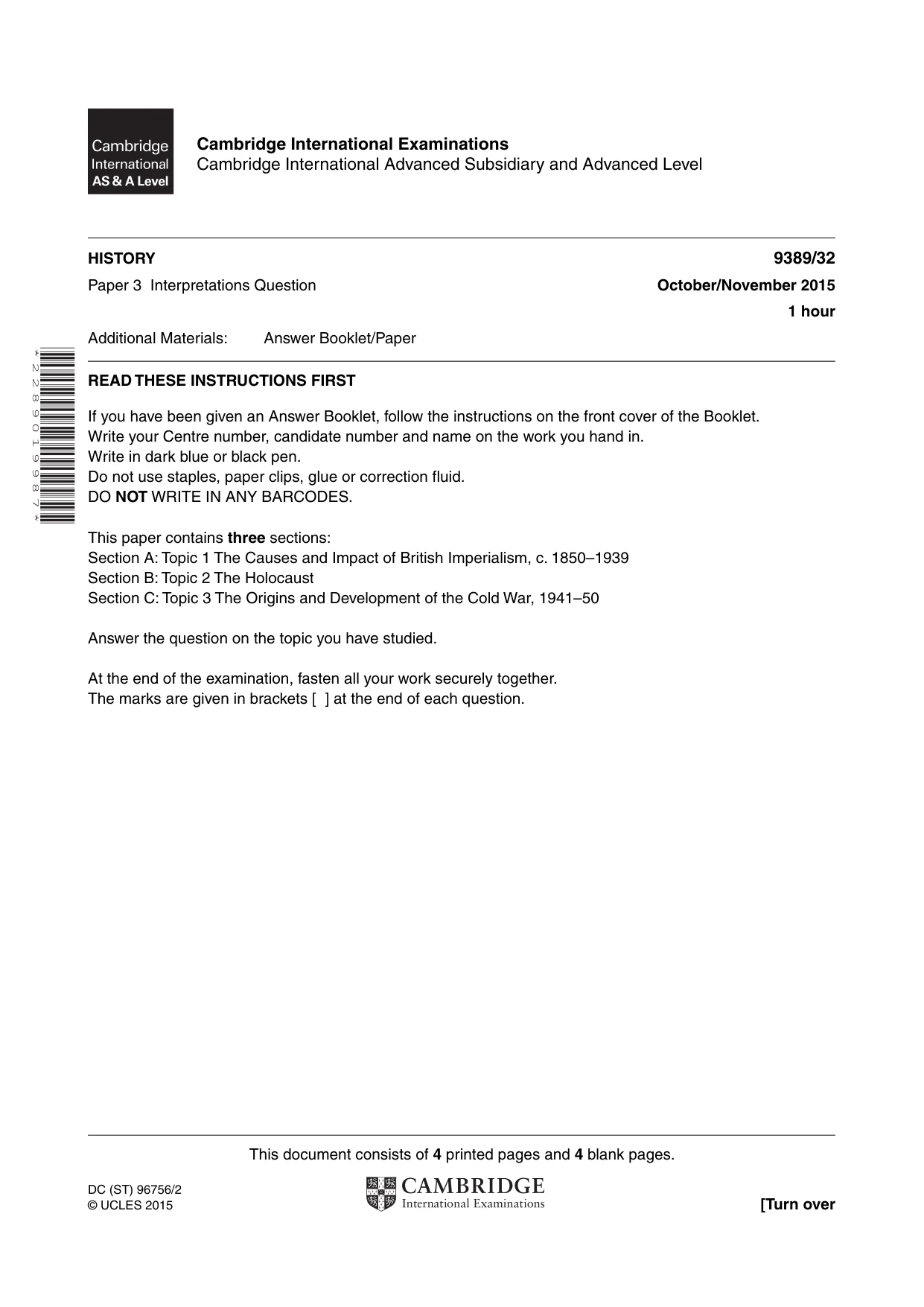 Cambridge A Level History 9389 2015 Oct/Nov Paper 3 · Variant 2 question paper, page 1 of 8