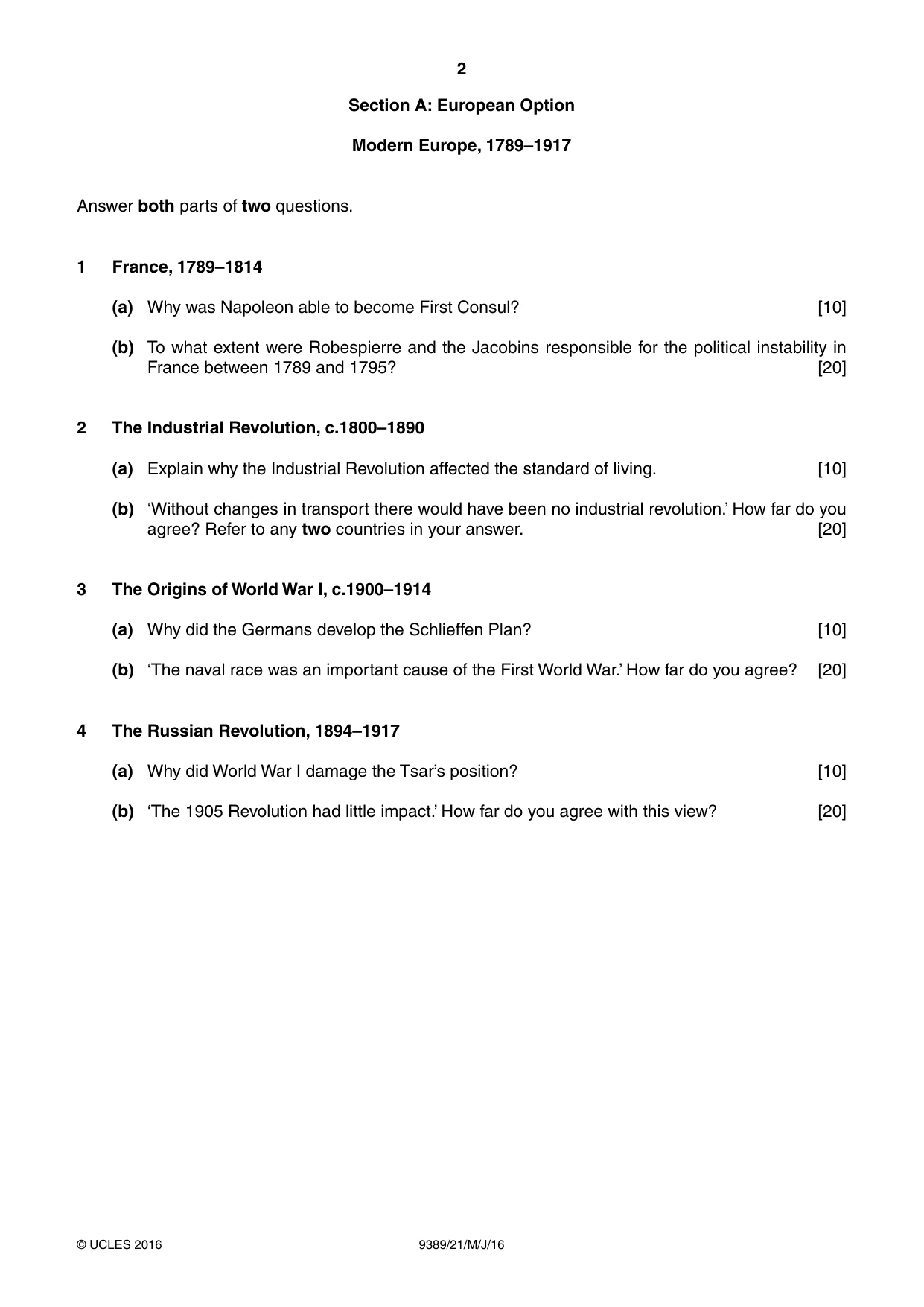 Cambridge A Level History 9389 2016 May/June Paper 2 · Variant 1 question paper, page 2 of 4