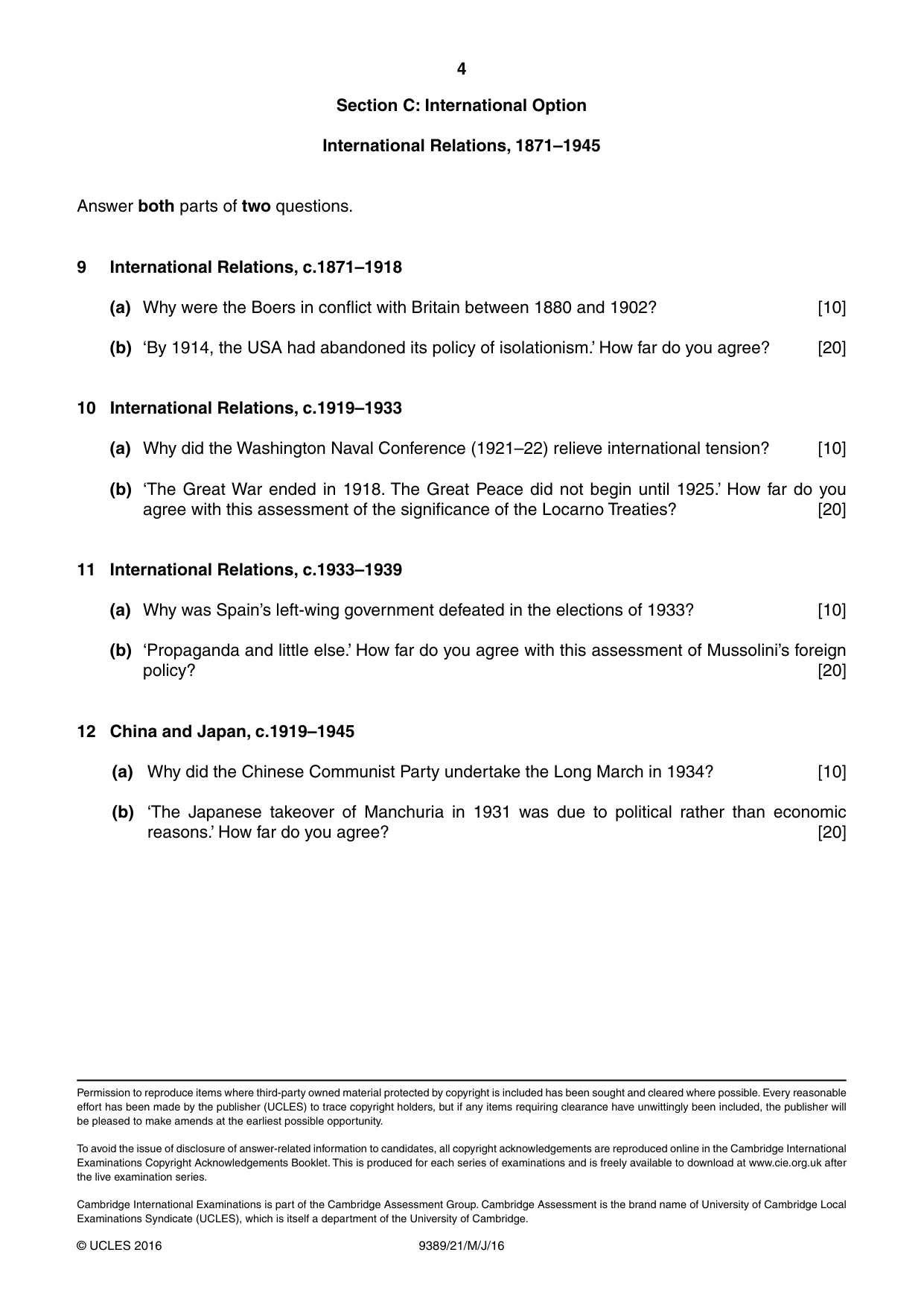 Cambridge A Level History 9389 2016 May/June Paper 2 · Variant 1 question paper, page 4 of 4